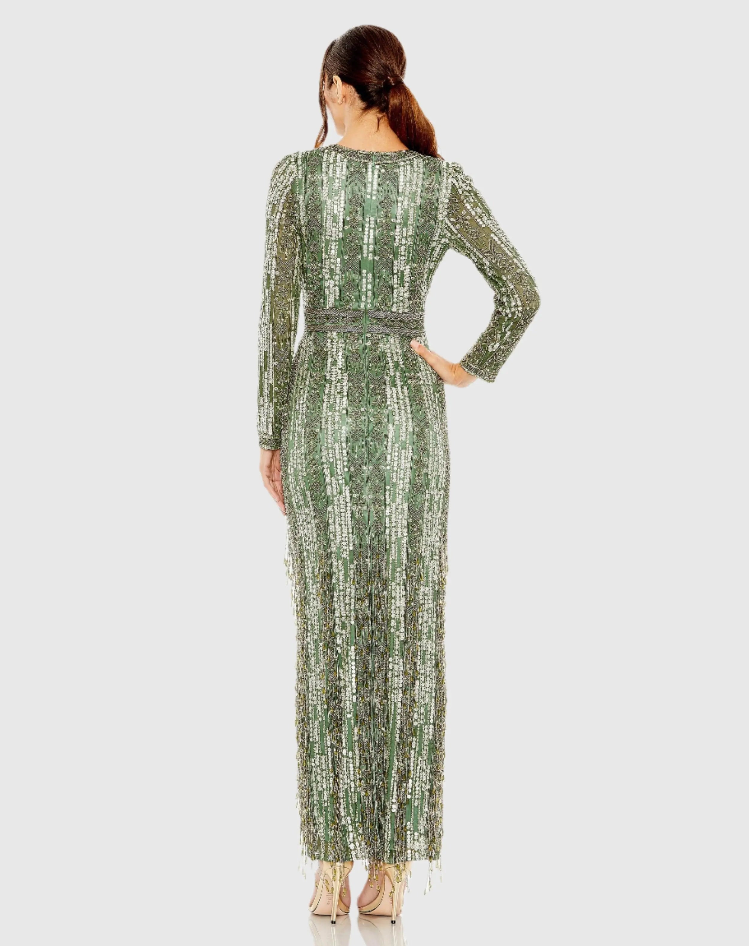 Green Long Sleeve Beaded Gown with Crystal Fringe-Myartka