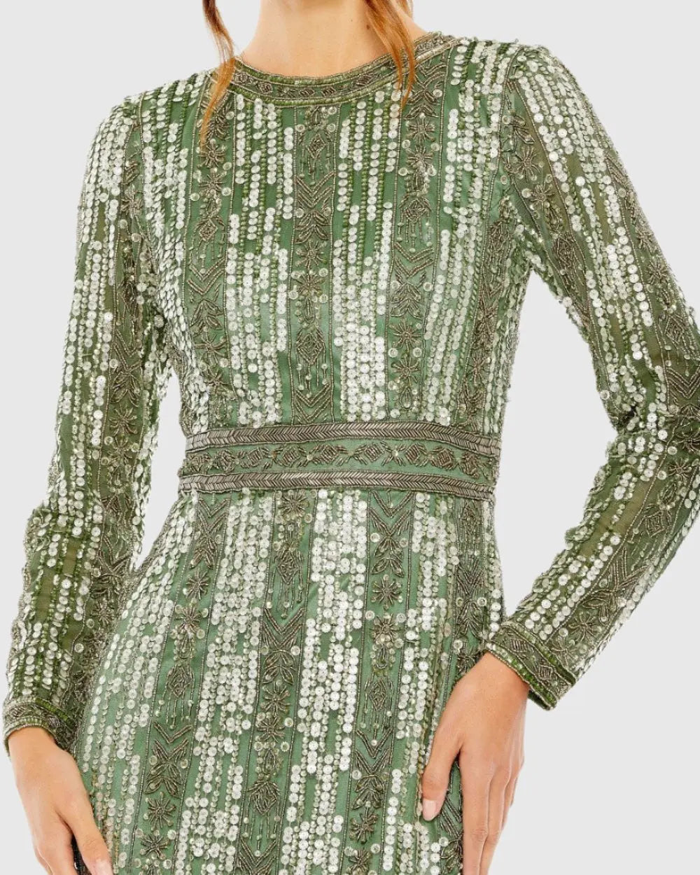 Green Long Sleeve Beaded Gown with Crystal Fringe-Myartka