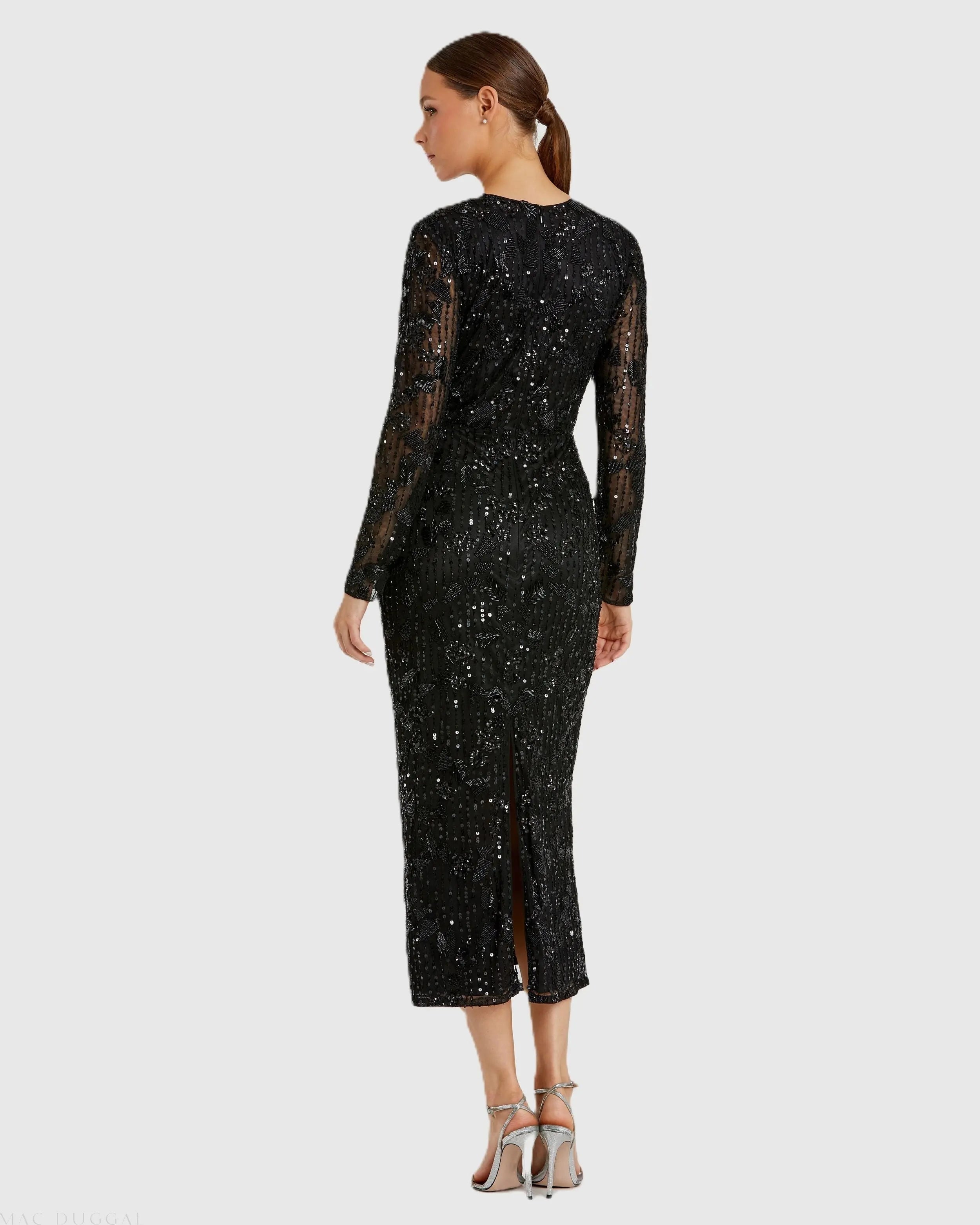 Black High Neck Long Sleeve Embellished Dress-Myartka