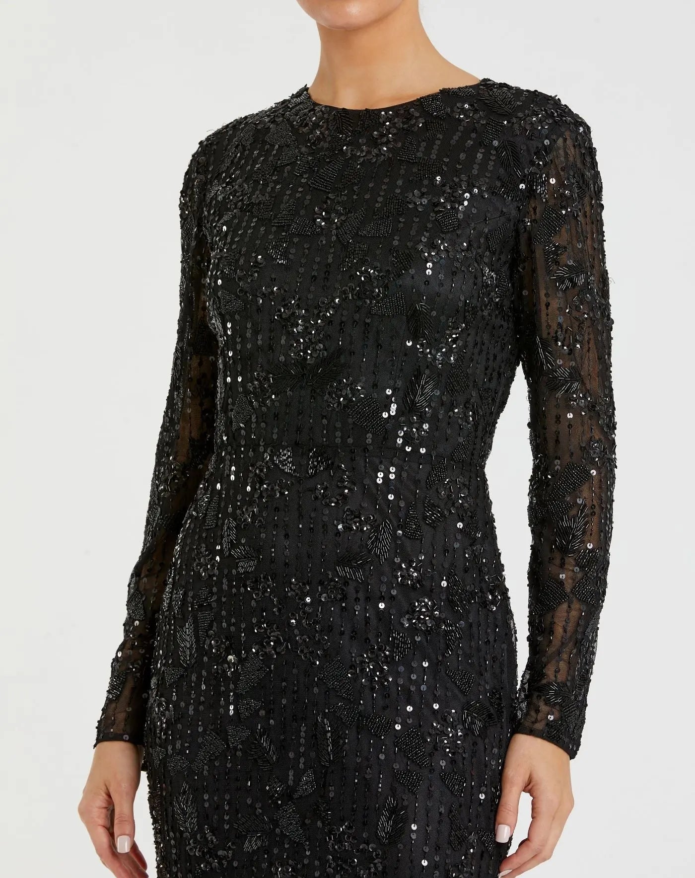 Black High Neck Long Sleeve Embellished Dress-Myartka