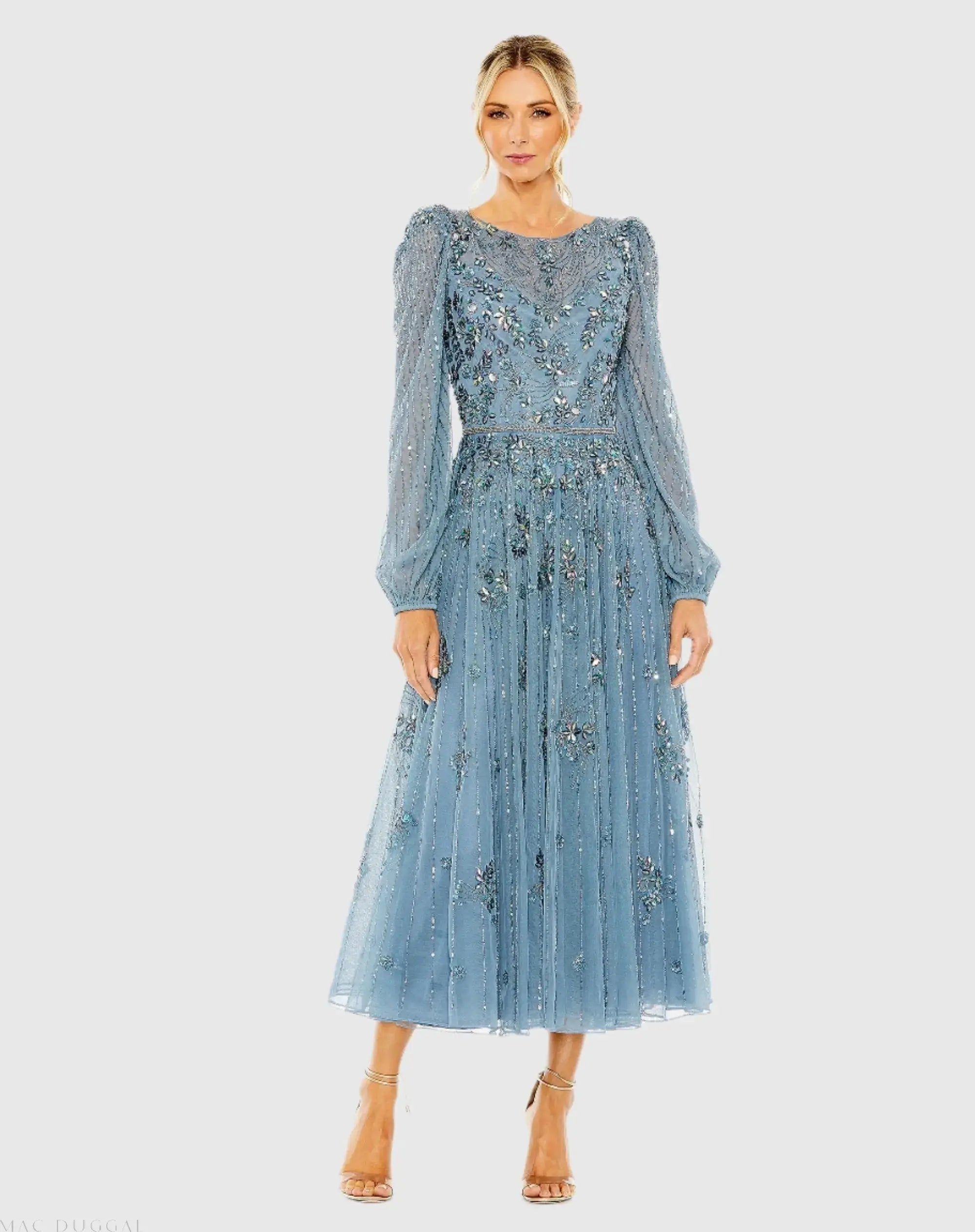 Blue Floral Embellished High Neck Puff Long Sleeve A Line Midi Dress-Myartka