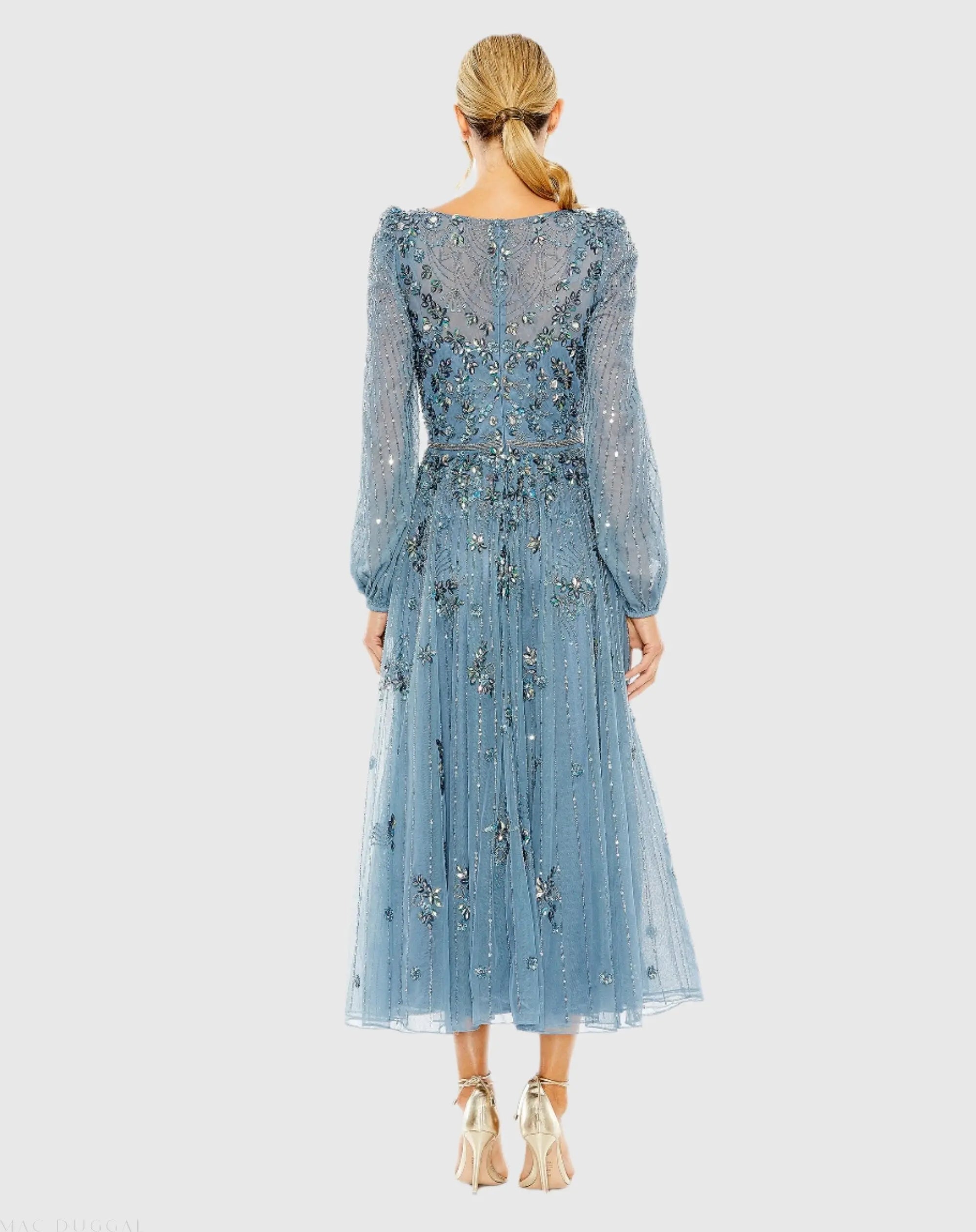 Blue Floral Embellished High Neck Puff Long Sleeve A Line Midi Dress-Myartka