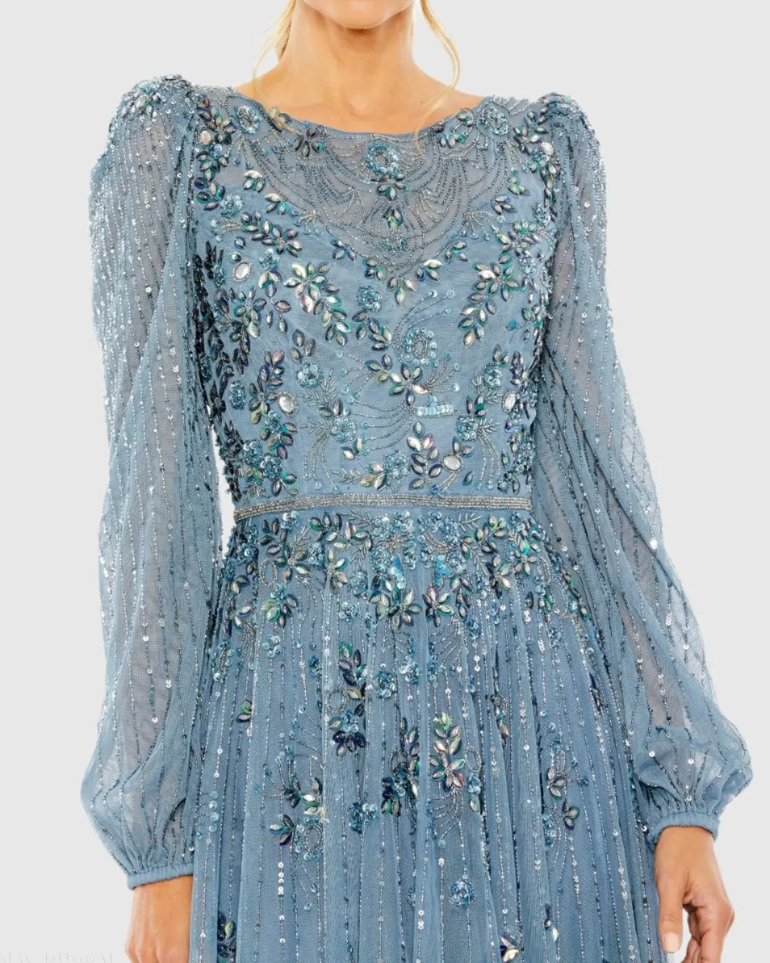 Blue Floral Embellished High Neck Puff Long Sleeve A Line Midi Dress-Myartka