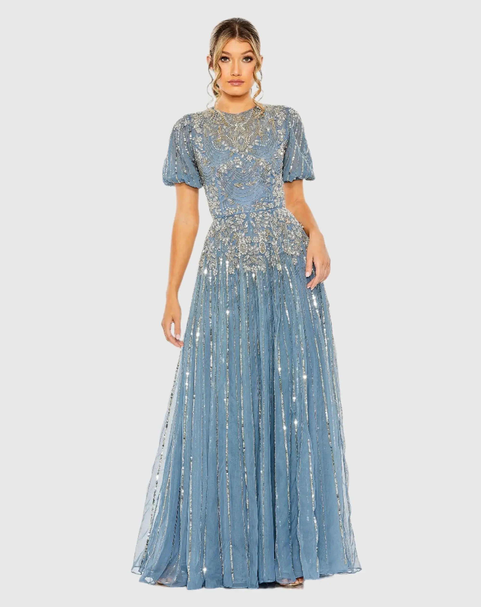 Blue High Neck Puff Sleeve Embellished A Line Gown-Myartka