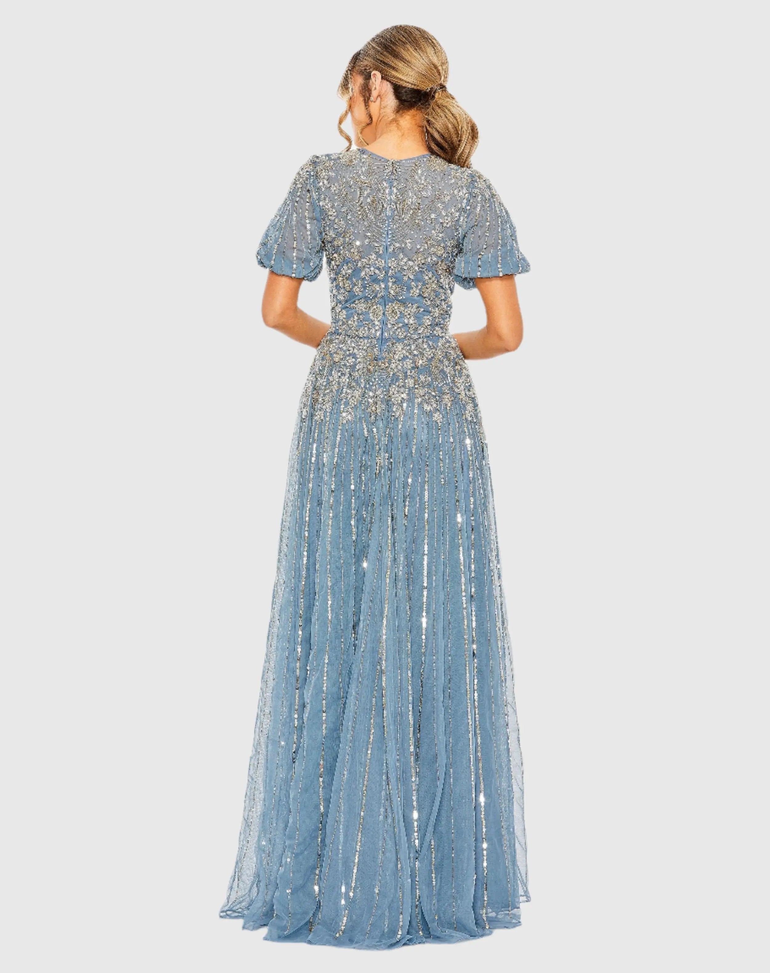 Blue High Neck Puff Sleeve Embellished A Line Gown-Myartka