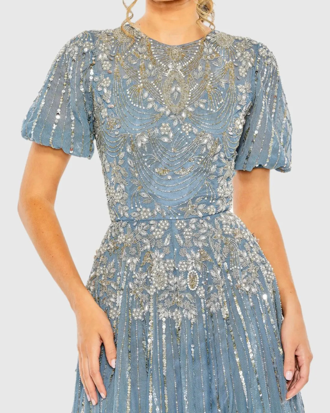 Blue High Neck Puff Sleeve Embellished A Line Gown-Myartka