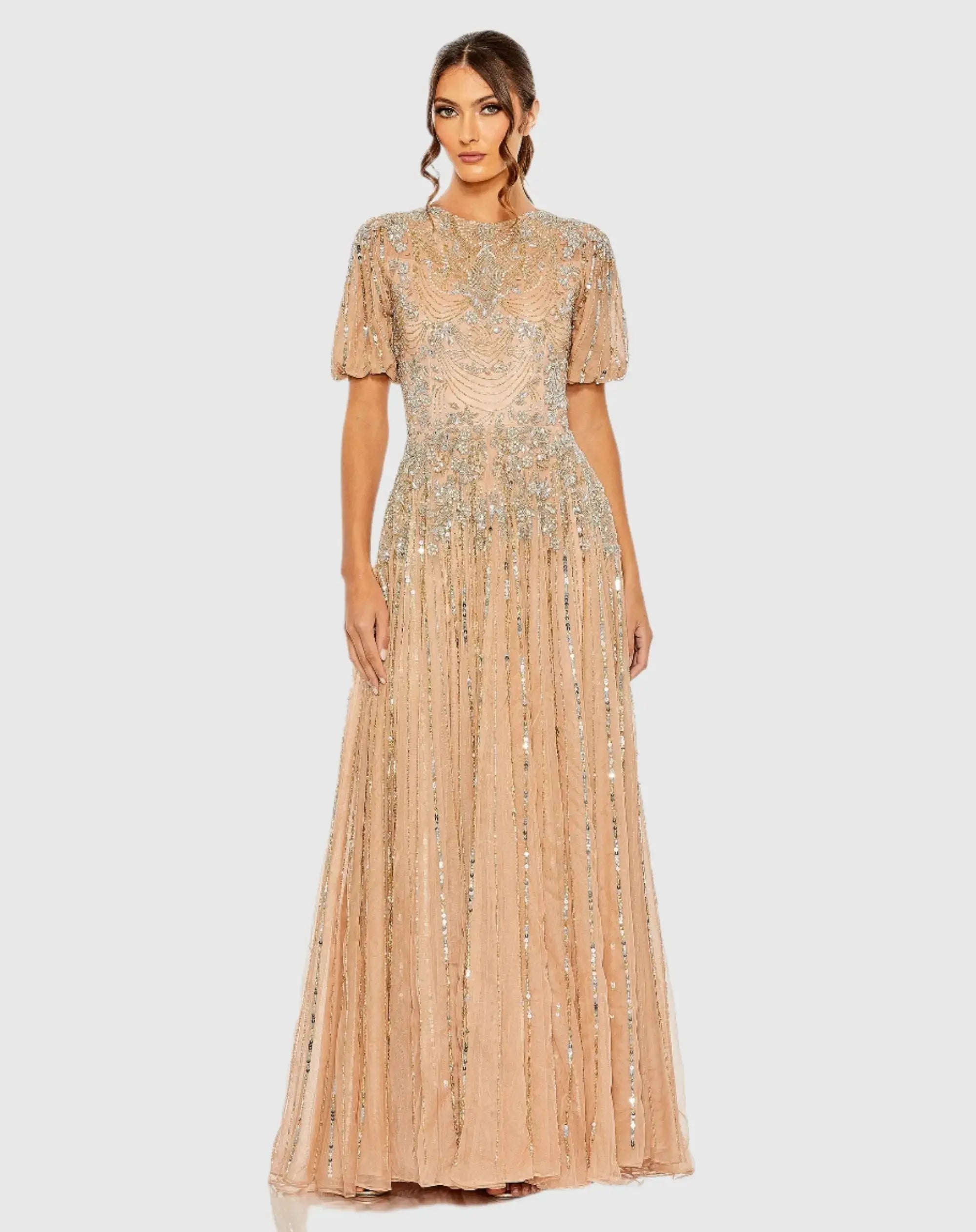 Beige High Neck Puff Sleeve Embellished A Line Gown-Myartka