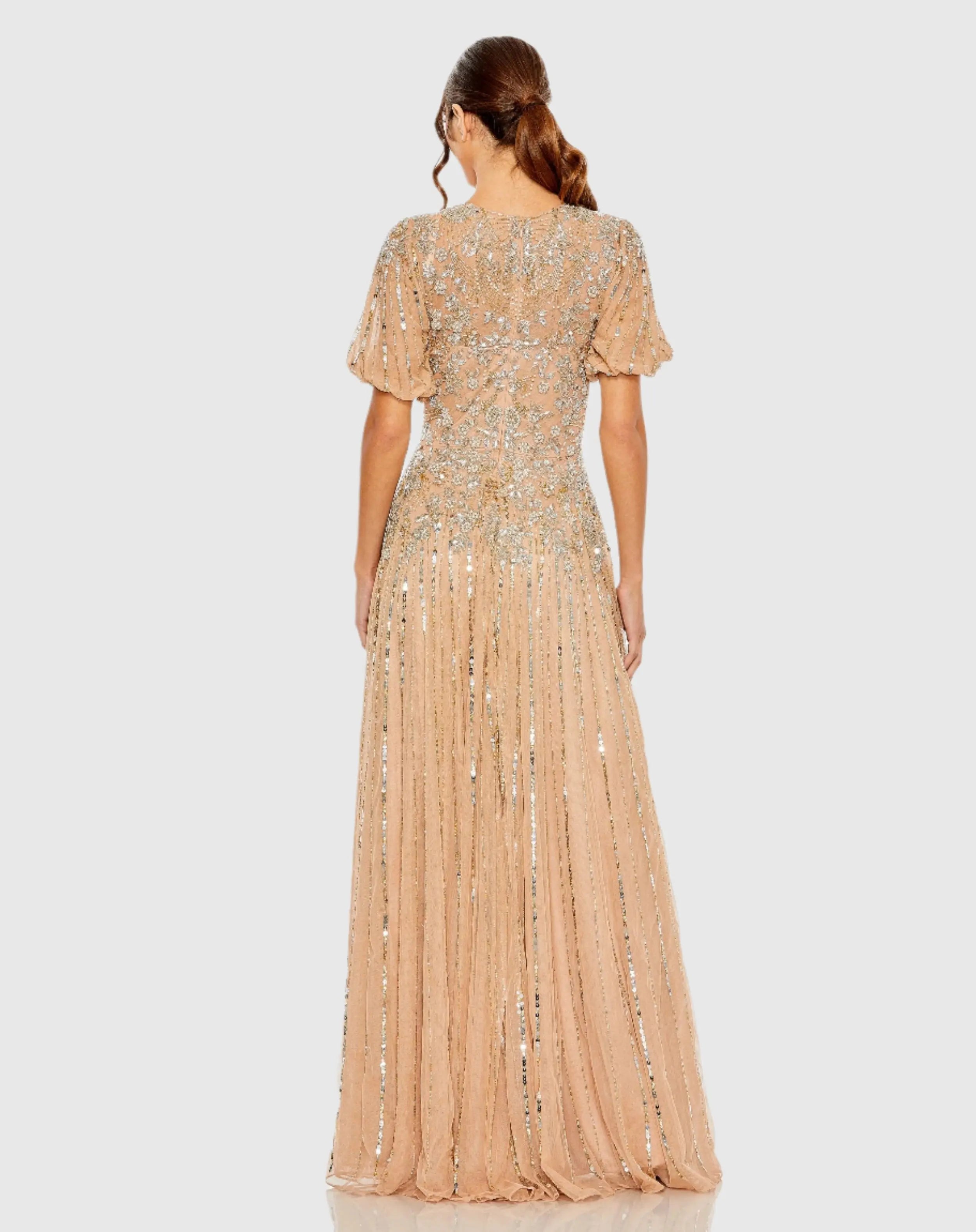 Beige High Neck Puff Sleeve Embellished A Line Gown-Myartka