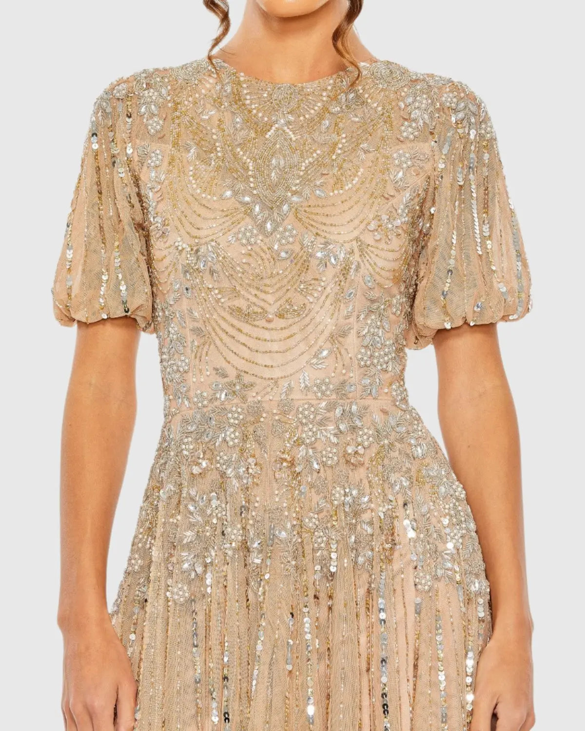 Beige High Neck Puff Sleeve Embellished A Line Gown-Myartka