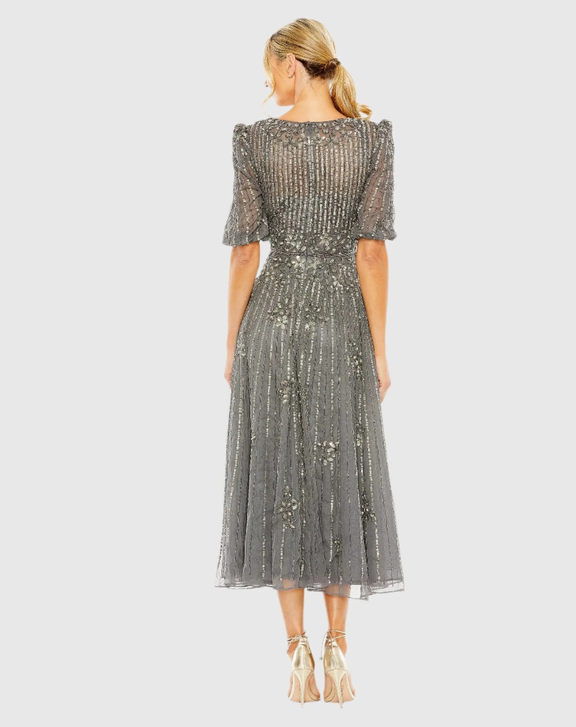 Gray Puff Quarter Length Sleeve V-Neck Dress-Myartka