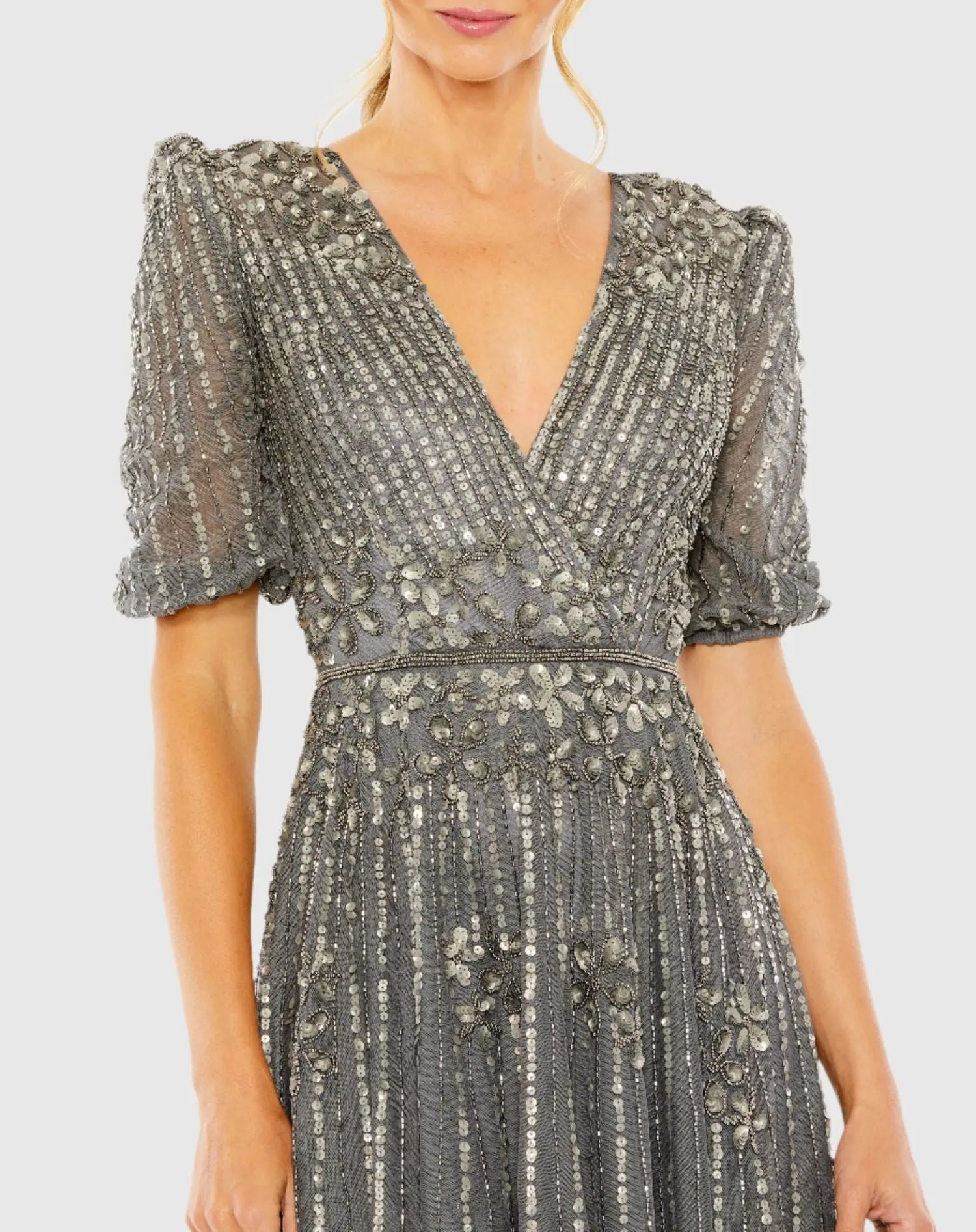 Gray Puff Quarter Length Sleeve V-Neck Dress-Myartka