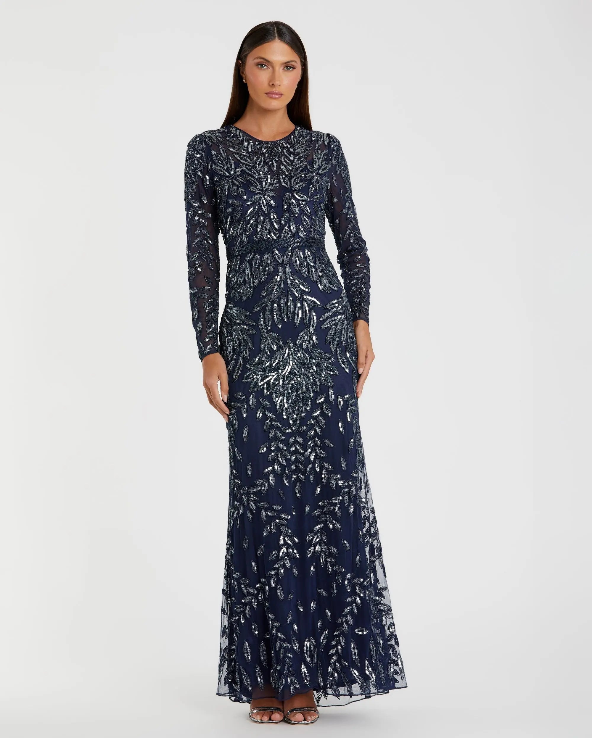 Navy Long Sleeve Illusion Neckline Embellished Gown-Myartka