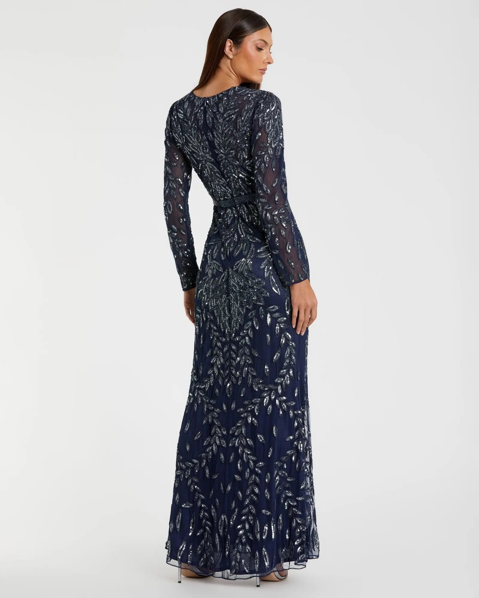 Navy Long Sleeve Illusion Neckline Embellished Gown-Myartka
