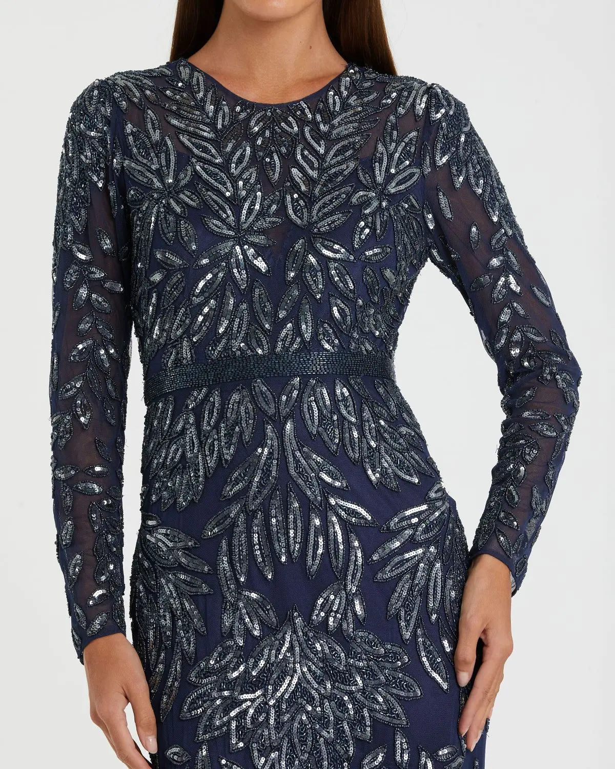 Navy Long Sleeve Illusion Neckline Embellished Gown-Myartka