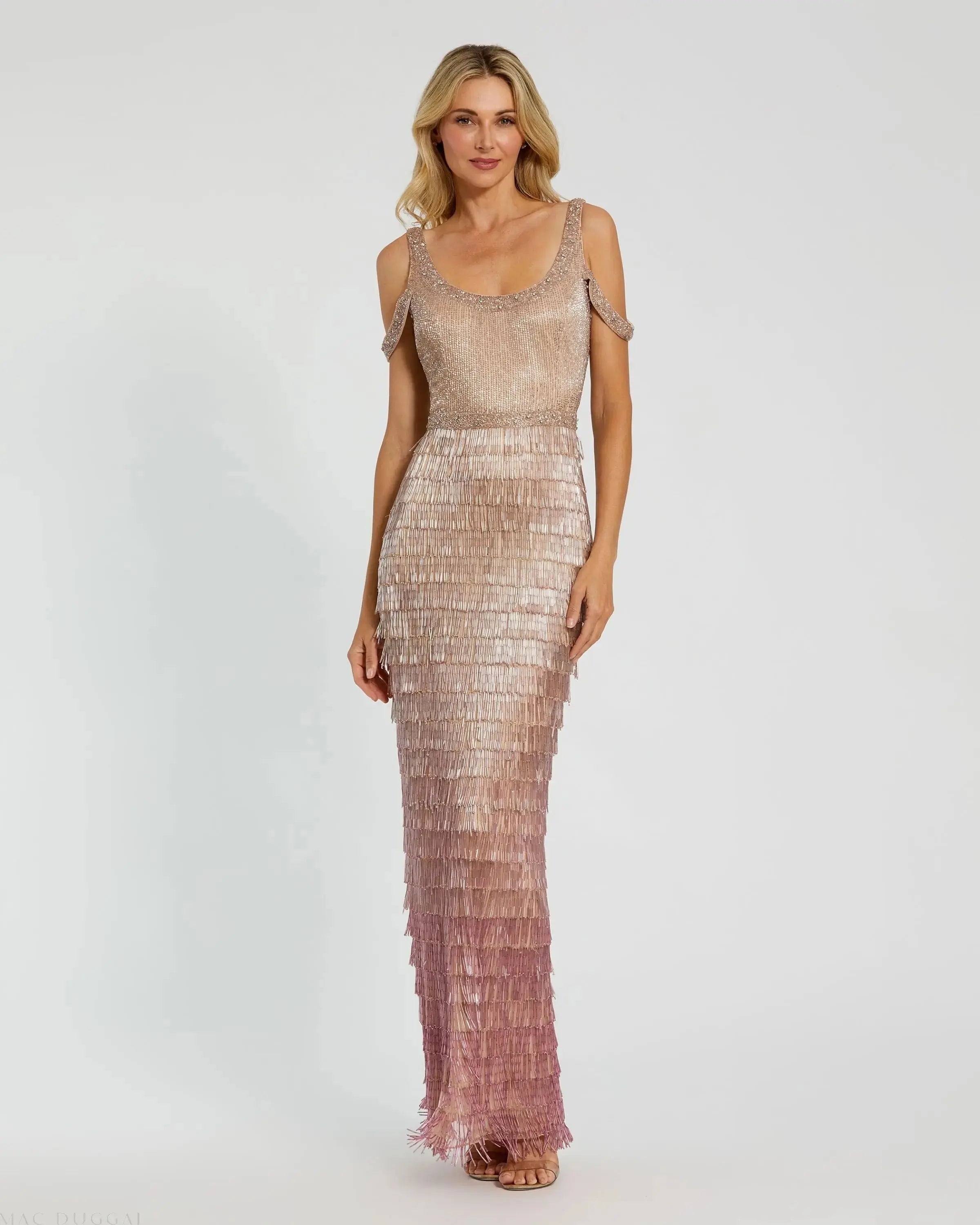Pink Scoop Neck Embellished Fringe Ombre Gown-Myartka