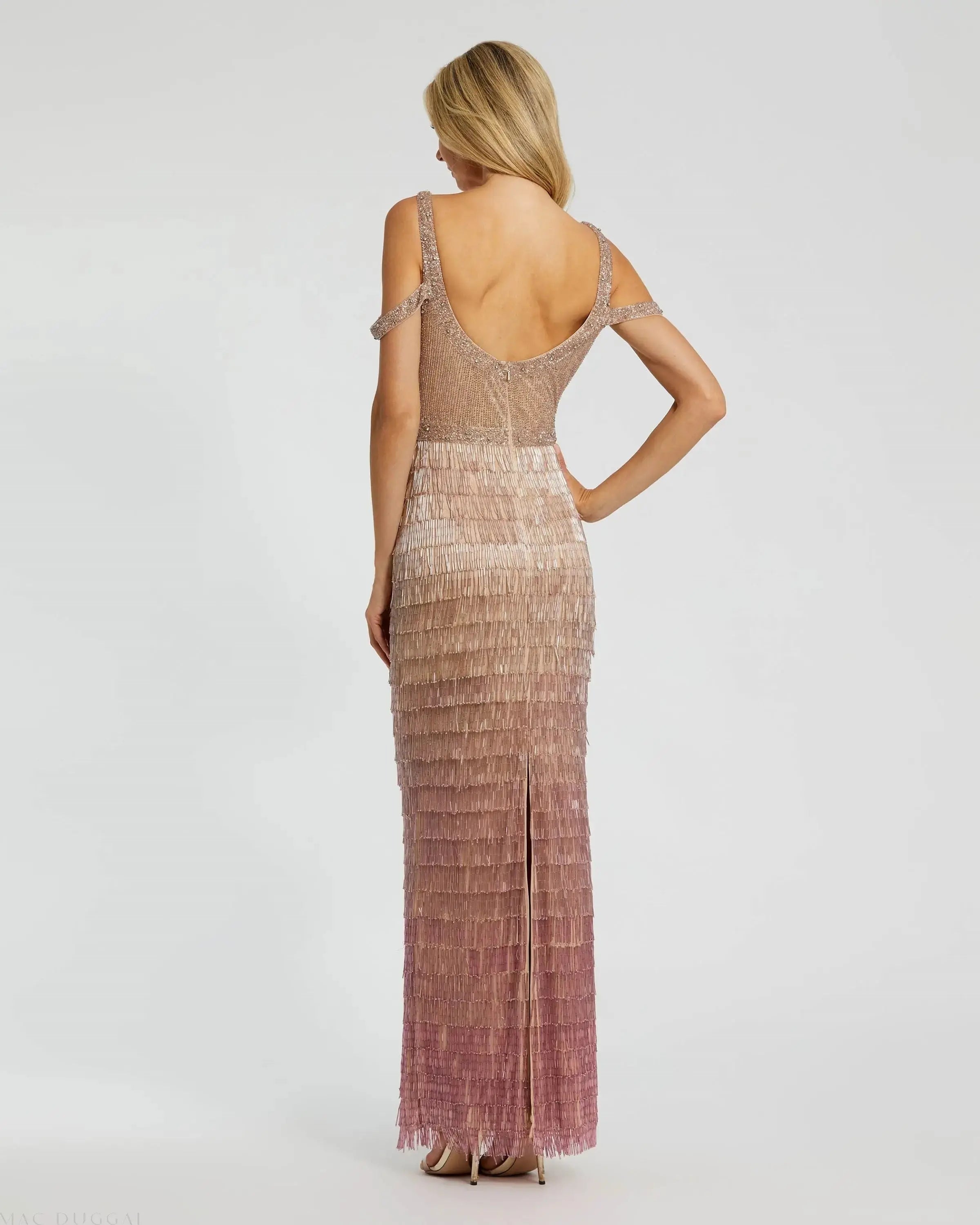 Pink Scoop Neck Embellished Fringe Ombre Gown-Myartka