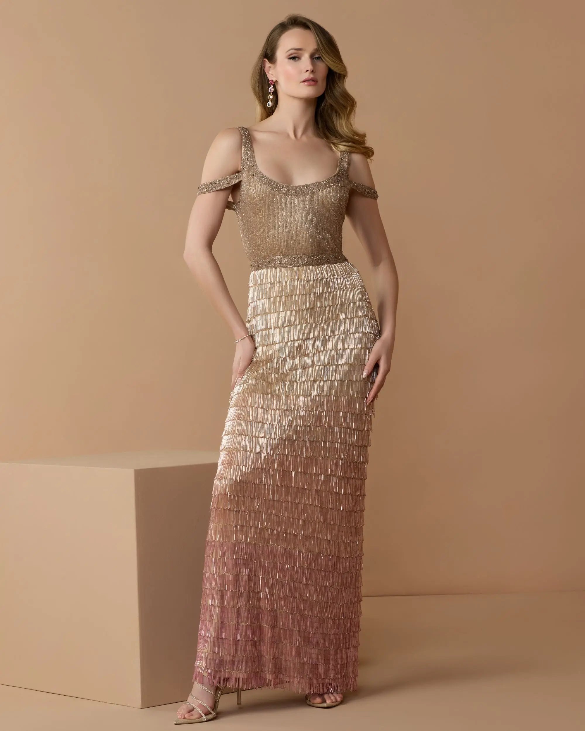 Pink Scoop Neck Embellished Fringe Ombre Gown-Myartka