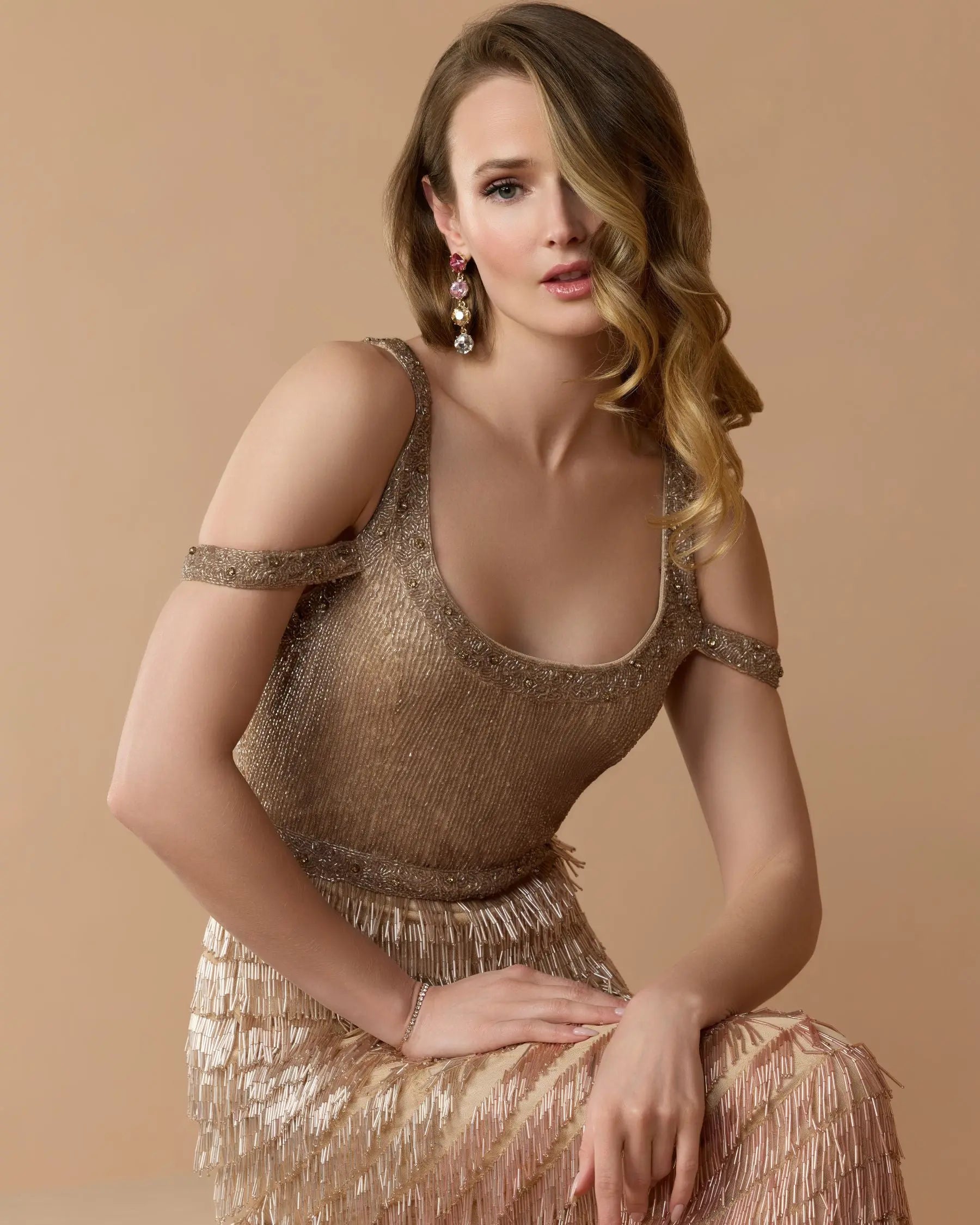 Pink Scoop Neck Embellished Fringe Ombre Gown-Myartka