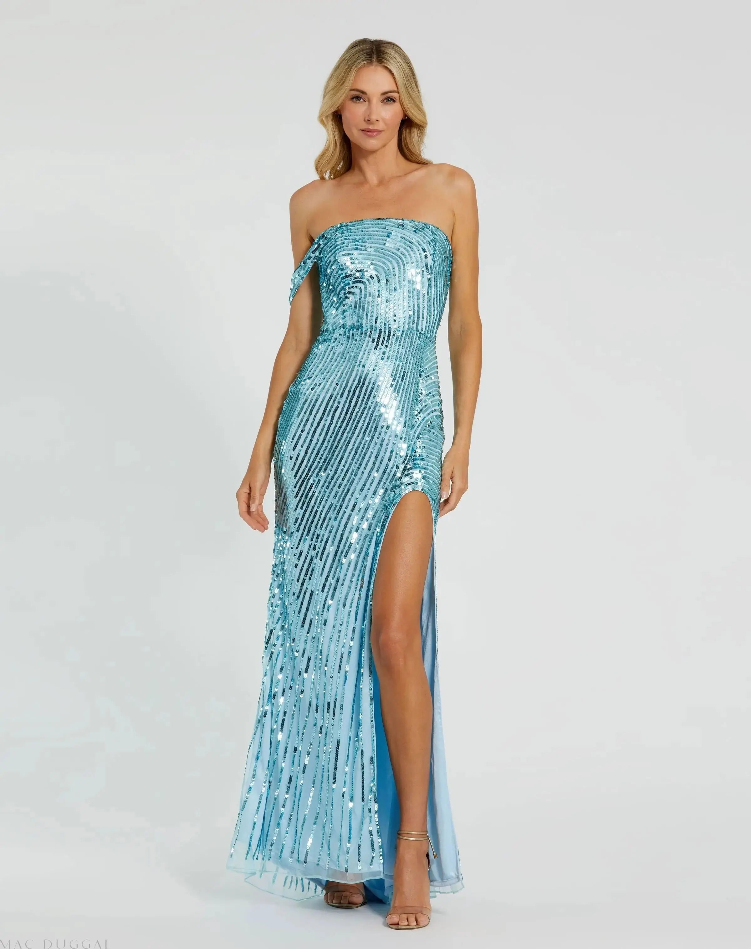 Blue One Shoulder Mesh Sequin Gown With Slit-Myartka