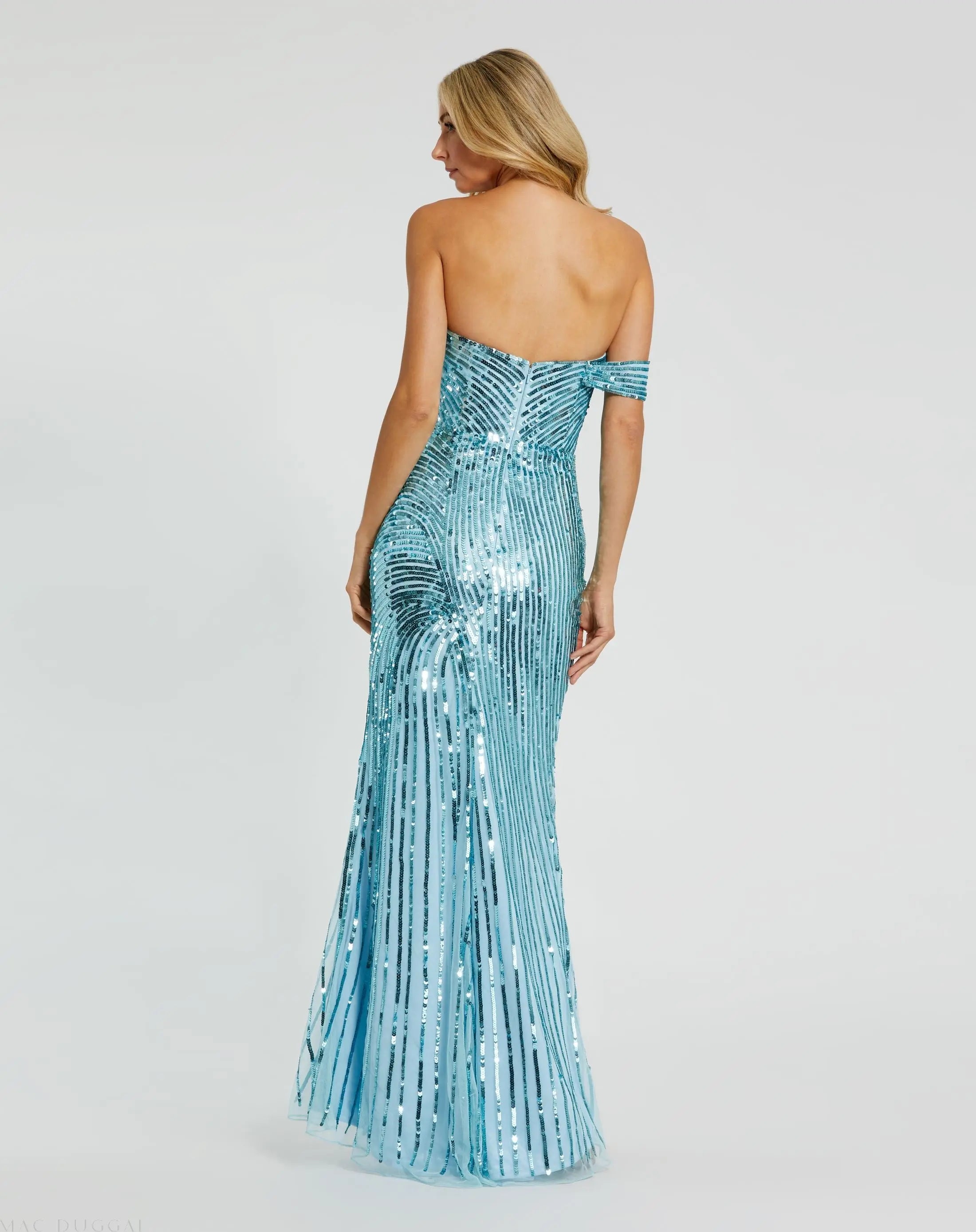 Blue One Shoulder Mesh Sequin Gown With Slit-Myartka