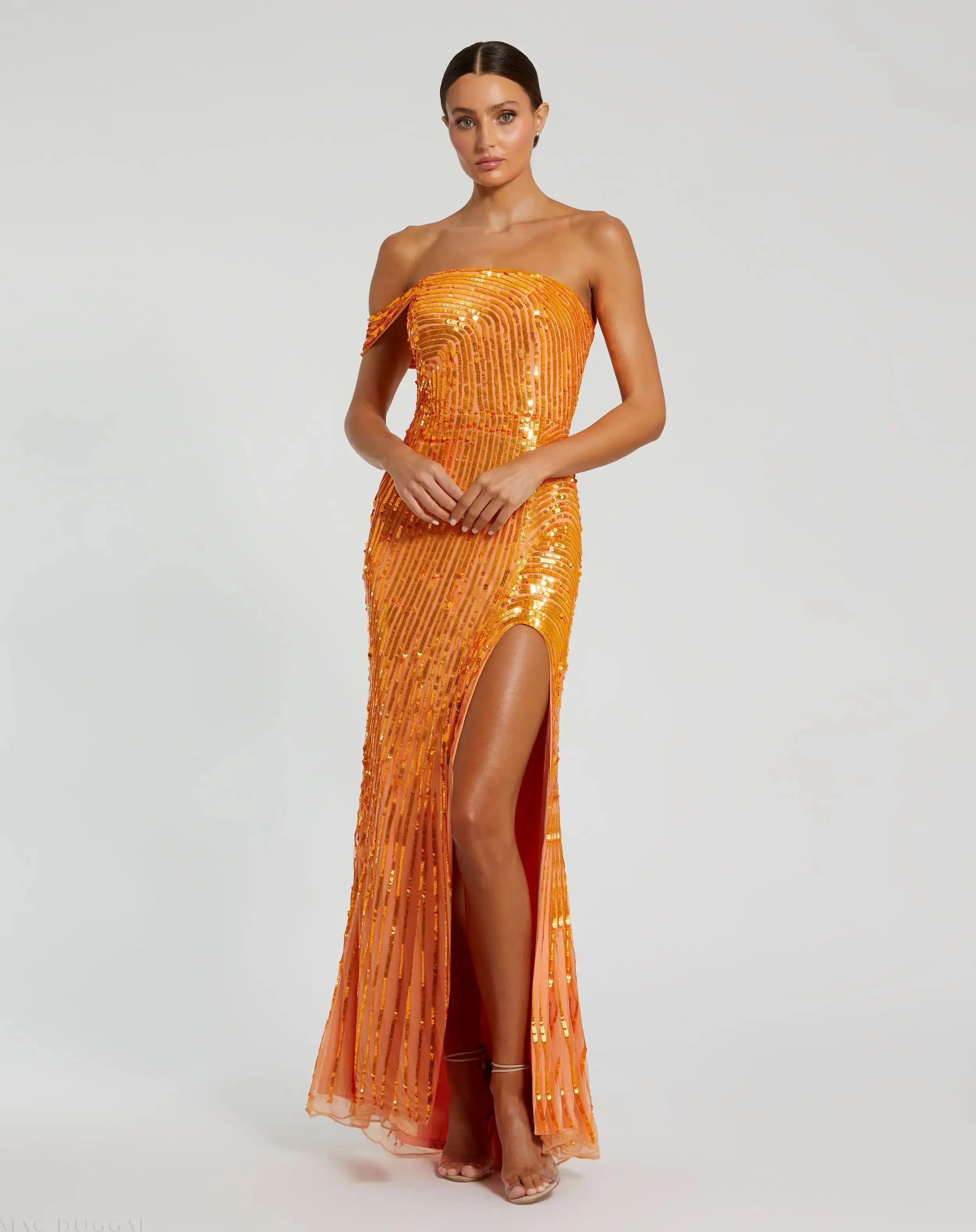 Orange One Shoulder Mesh Sequin Gown With Slit-Myartka