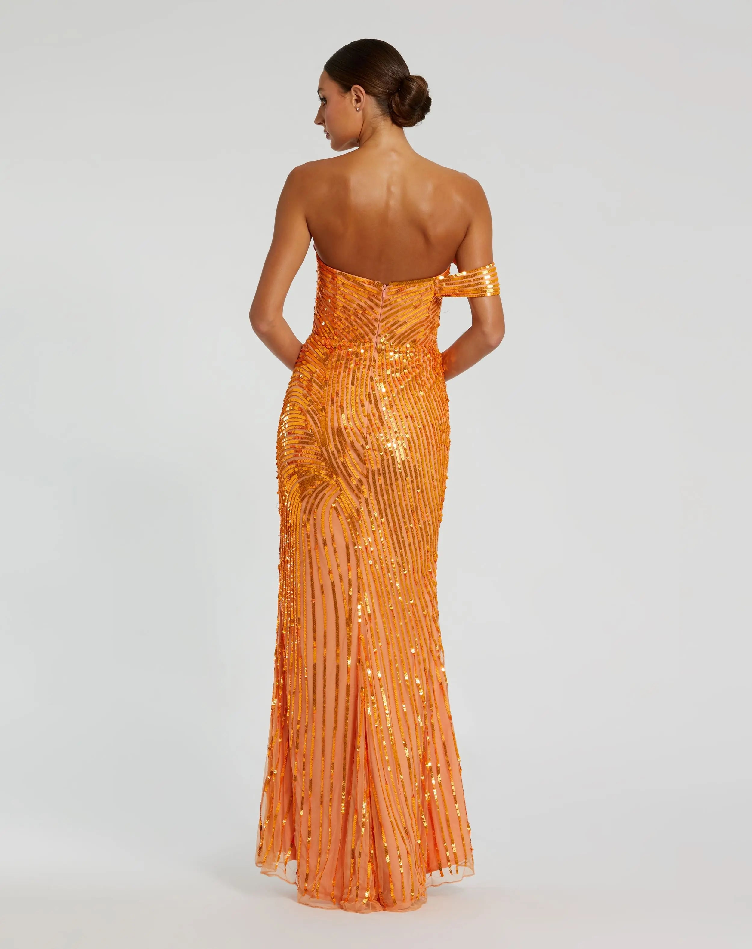 Orange One Shoulder Mesh Sequin Gown With Slit-Myartka