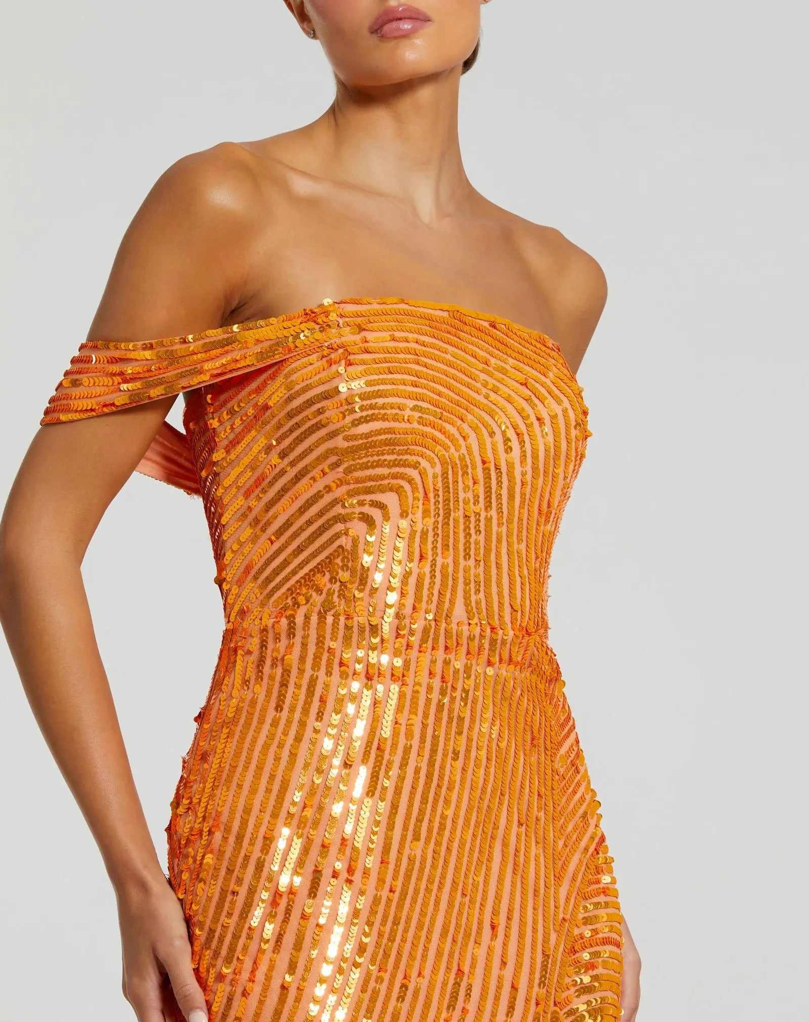 Orange One Shoulder Mesh Sequin Gown With Slit-Myartka