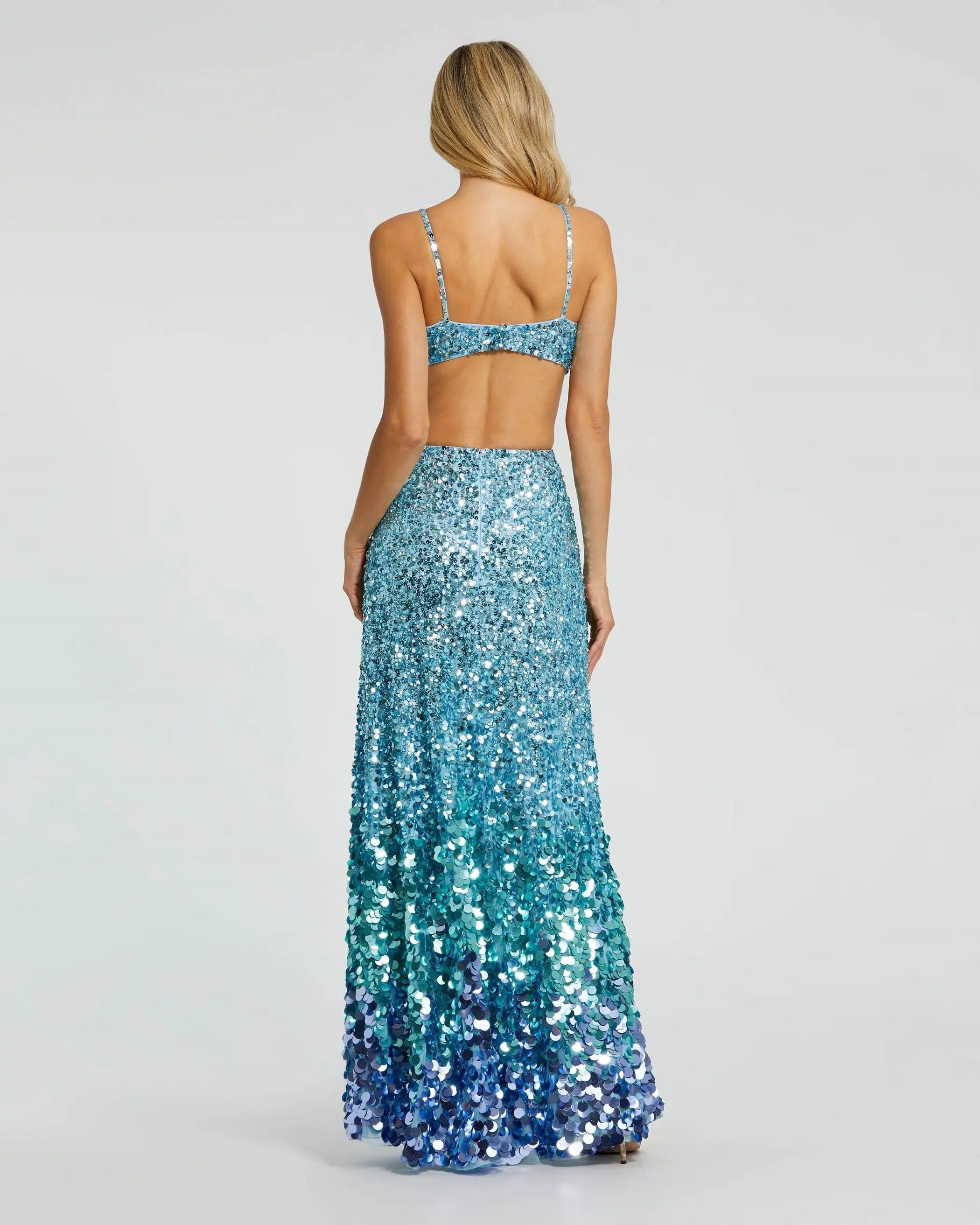 Blue Thin Strap Cut Out Evening Gown With Ombre Sequins-Myartka