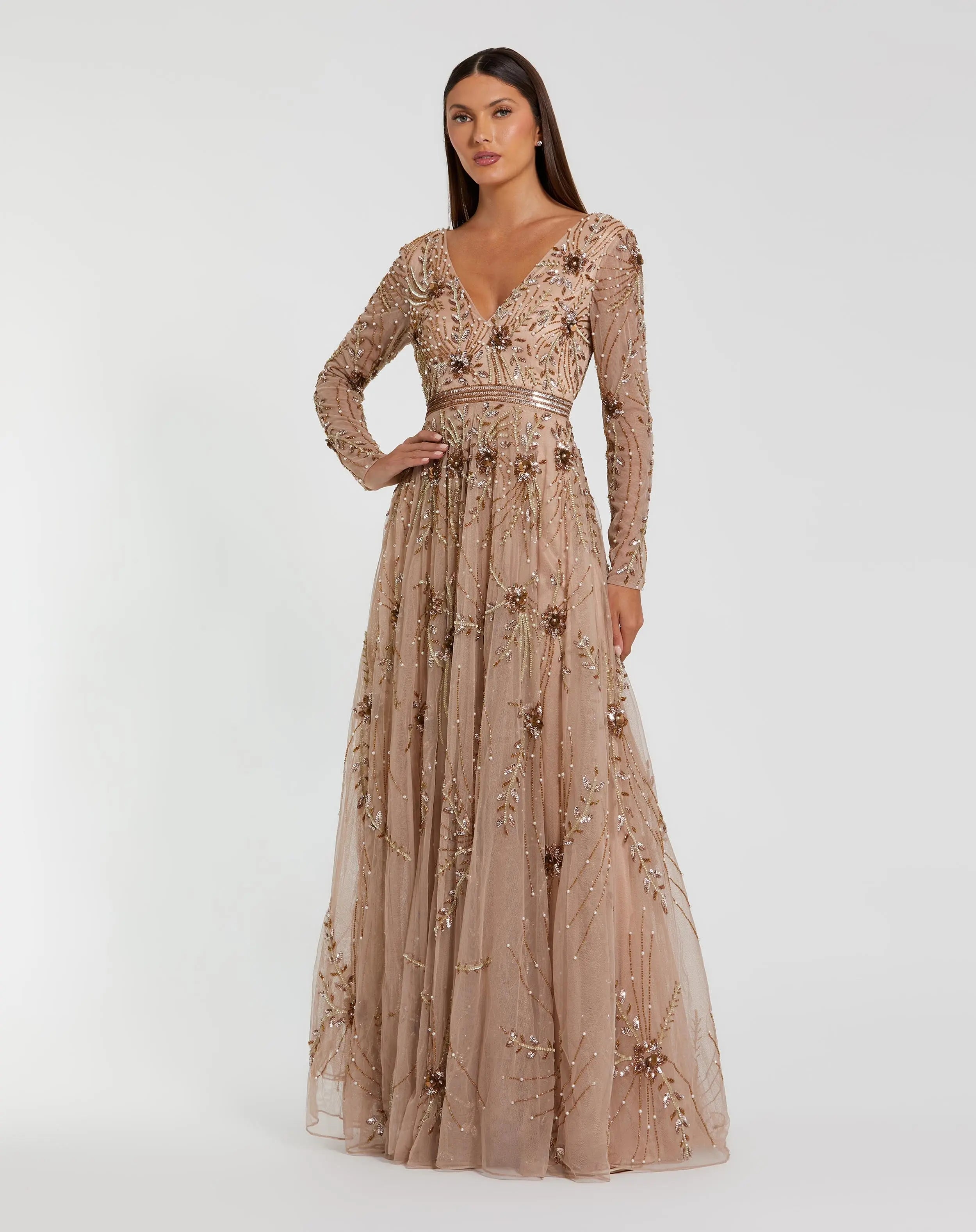 Beige Embellished Sheer Sleeve A-Line Gown-Myartka