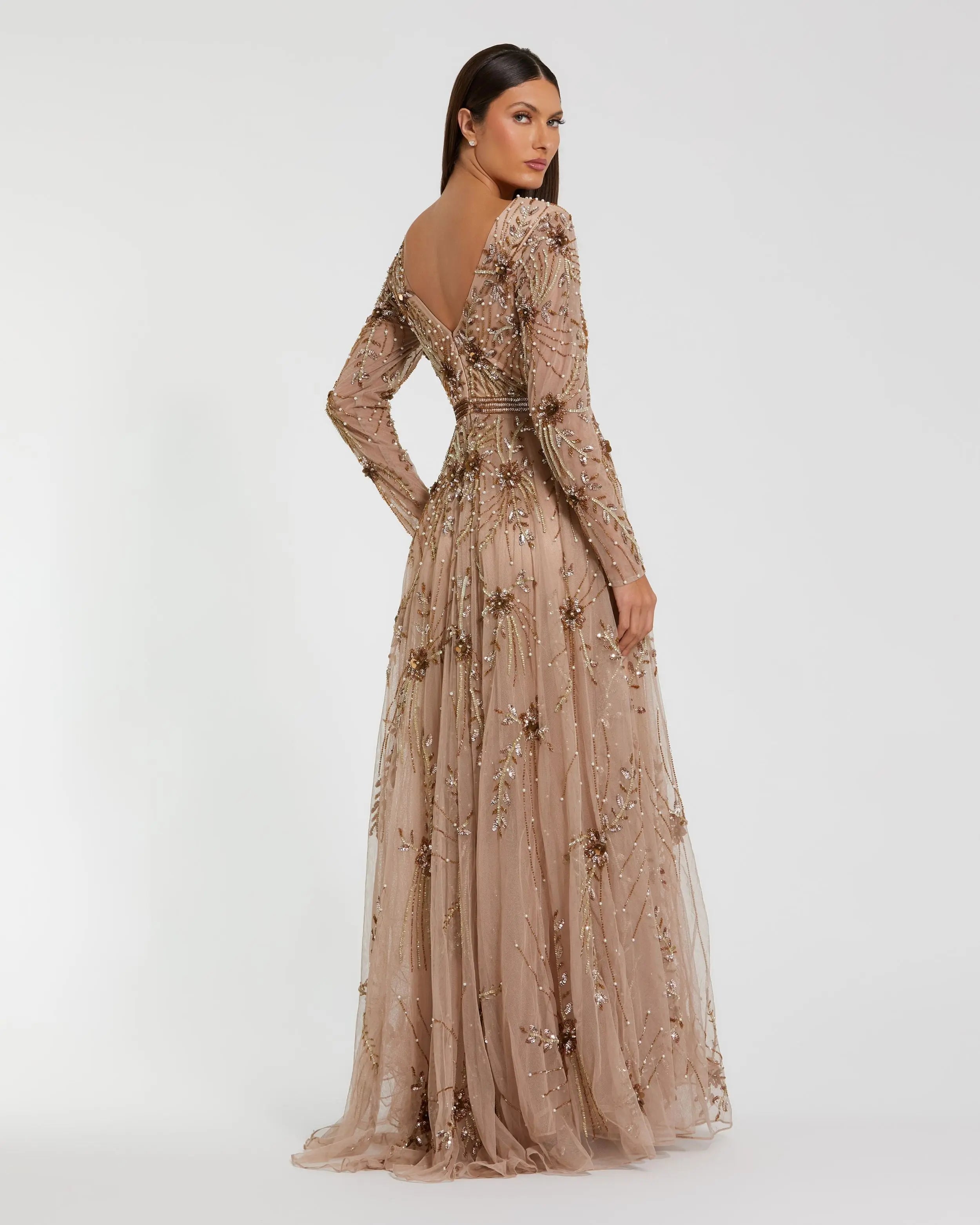 Beige Embellished Sheer Sleeve A-Line Gown-Myartka