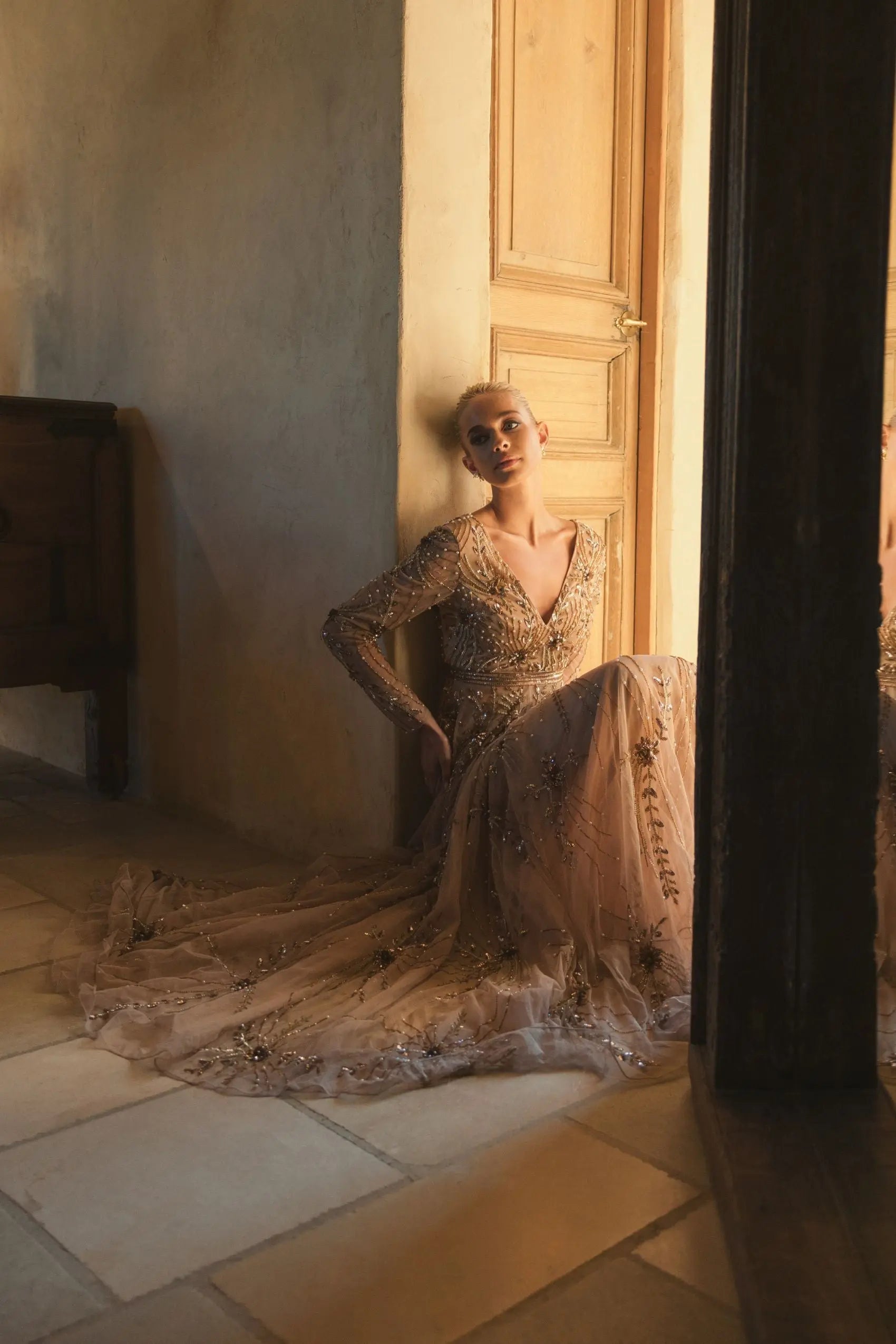 Beige Embellished Sheer Sleeve A-Line Gown-Myartka