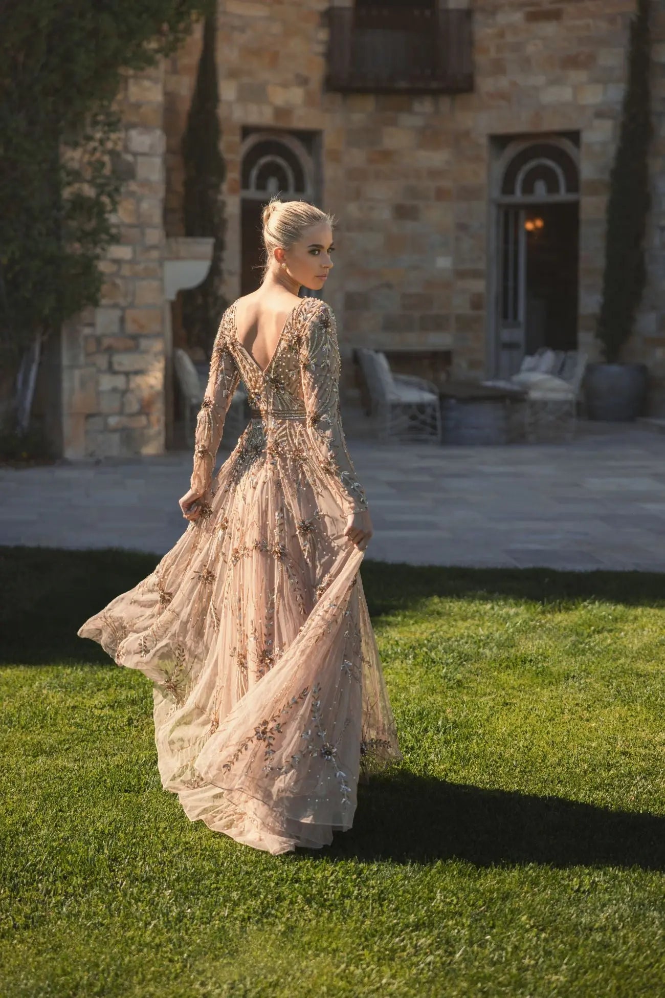 Beige Embellished Sheer Sleeve A-Line Gown-Myartka