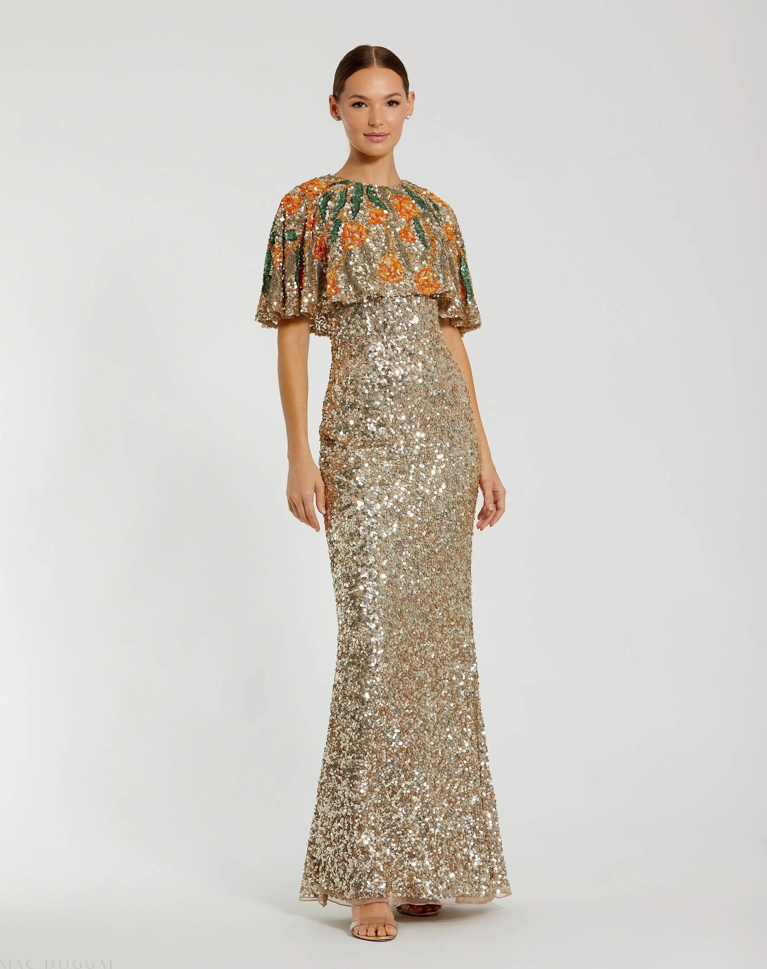 Gold Embellished Gown With Floral Beaded Shawl-Myartka