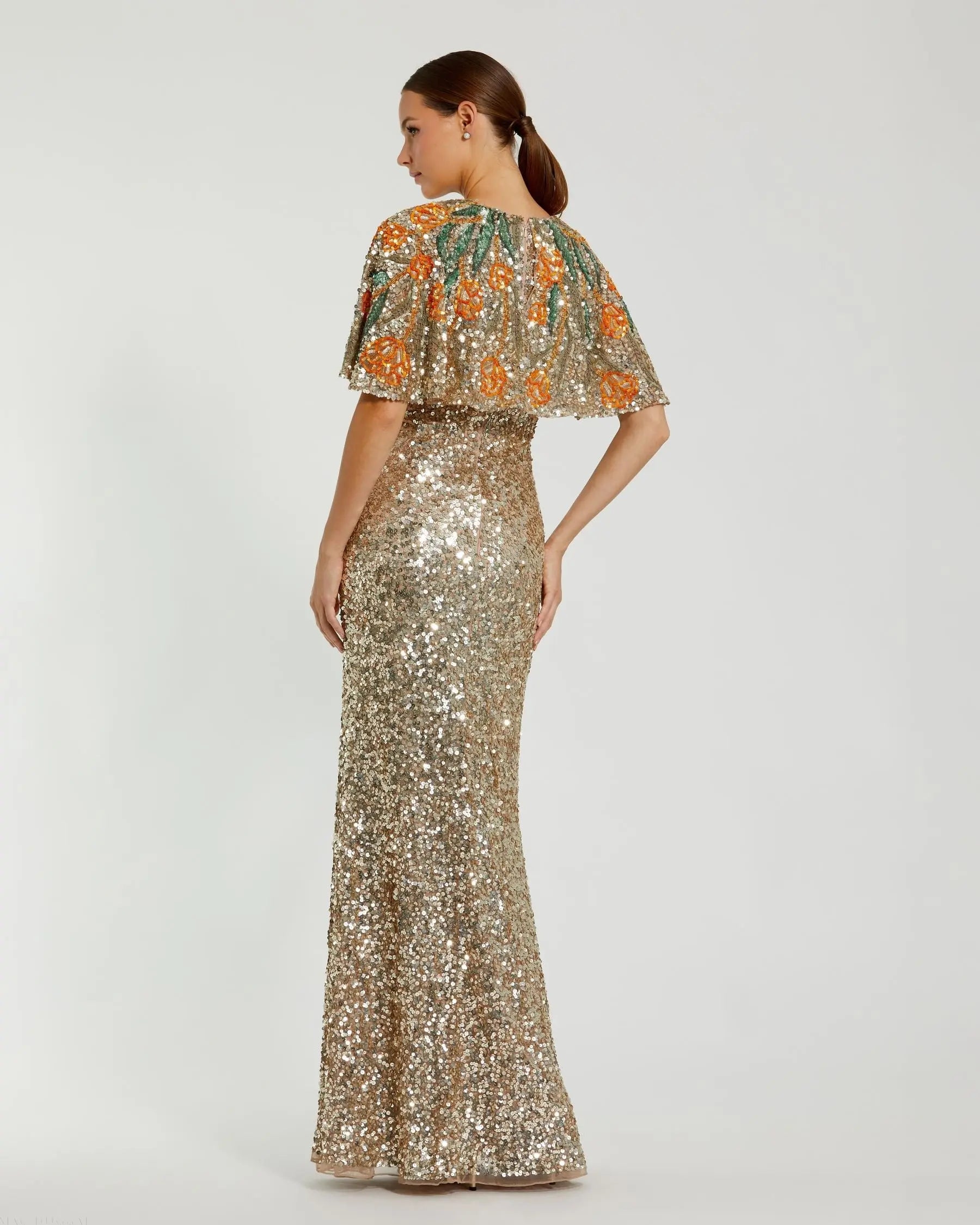 Gold Embellished Gown With Floral Beaded Shawl-Myartka