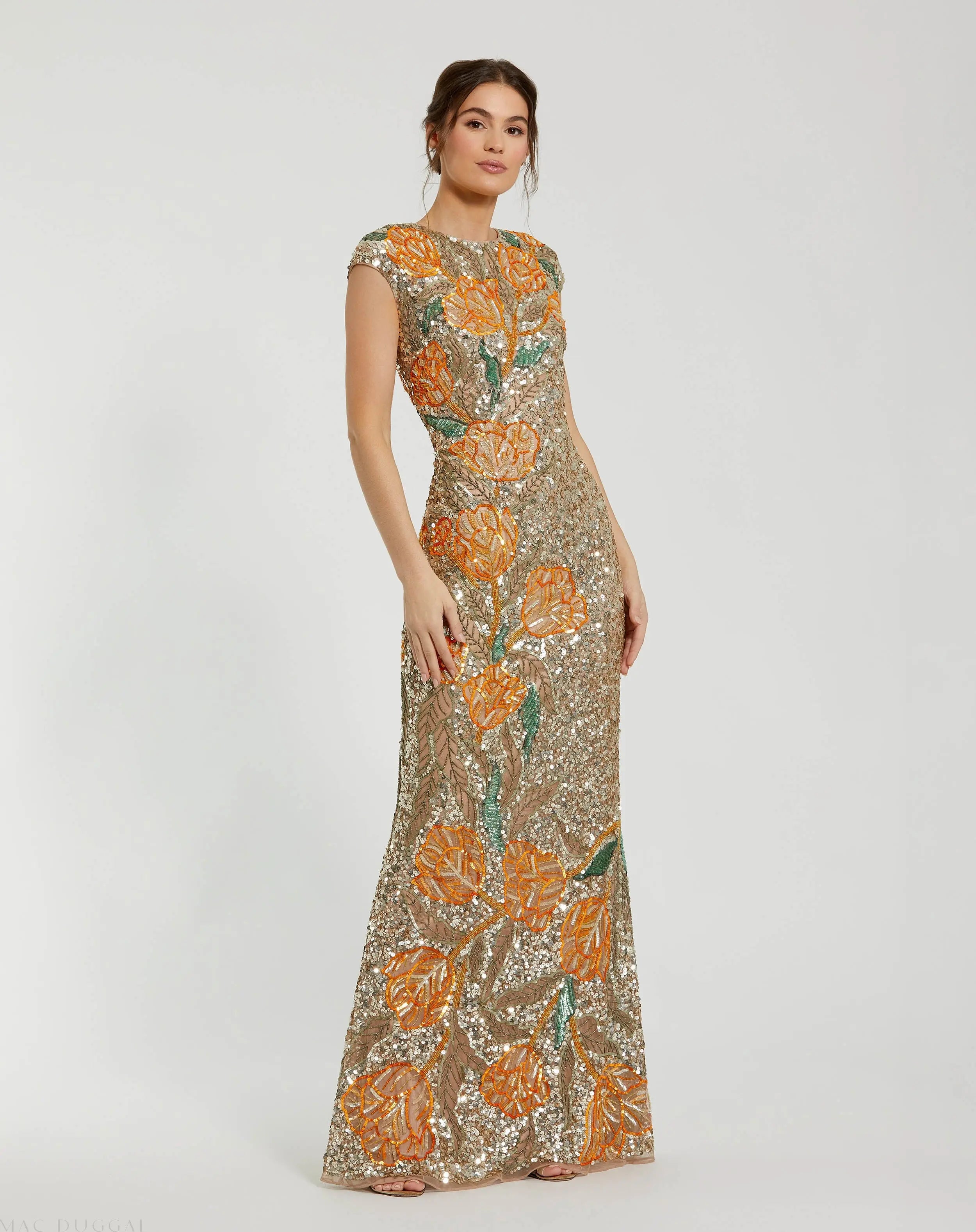 Gold Fitted Cap Sleeve Gown With Floral Beading-Myartka