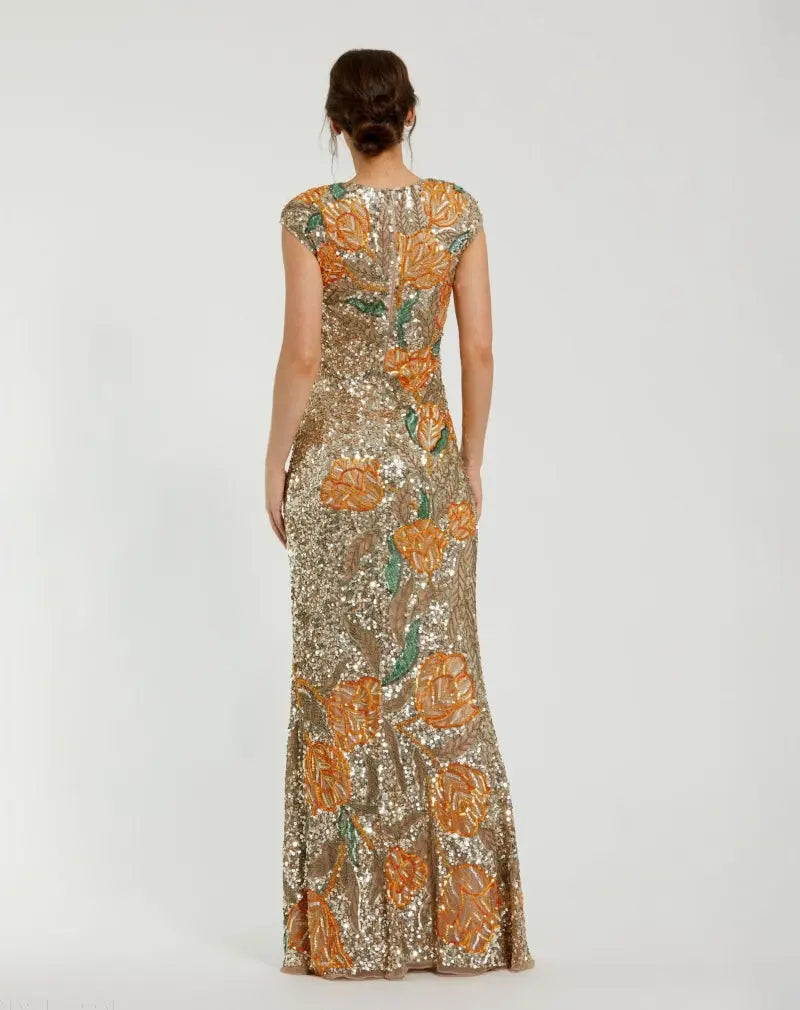 Gold Fitted Cap Sleeve Gown With Floral Beading-Myartka