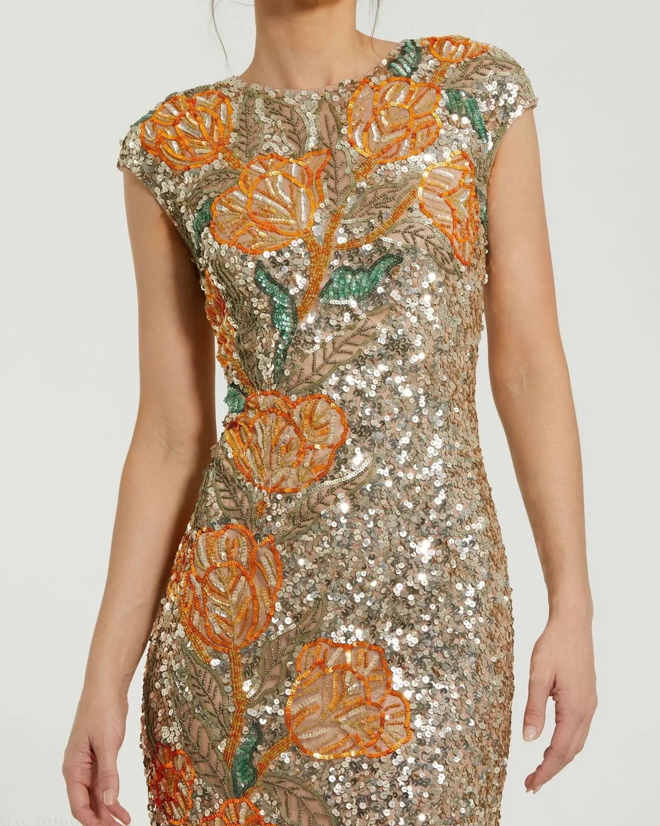 Gold Fitted Cap Sleeve Gown With Floral Beading-Myartka