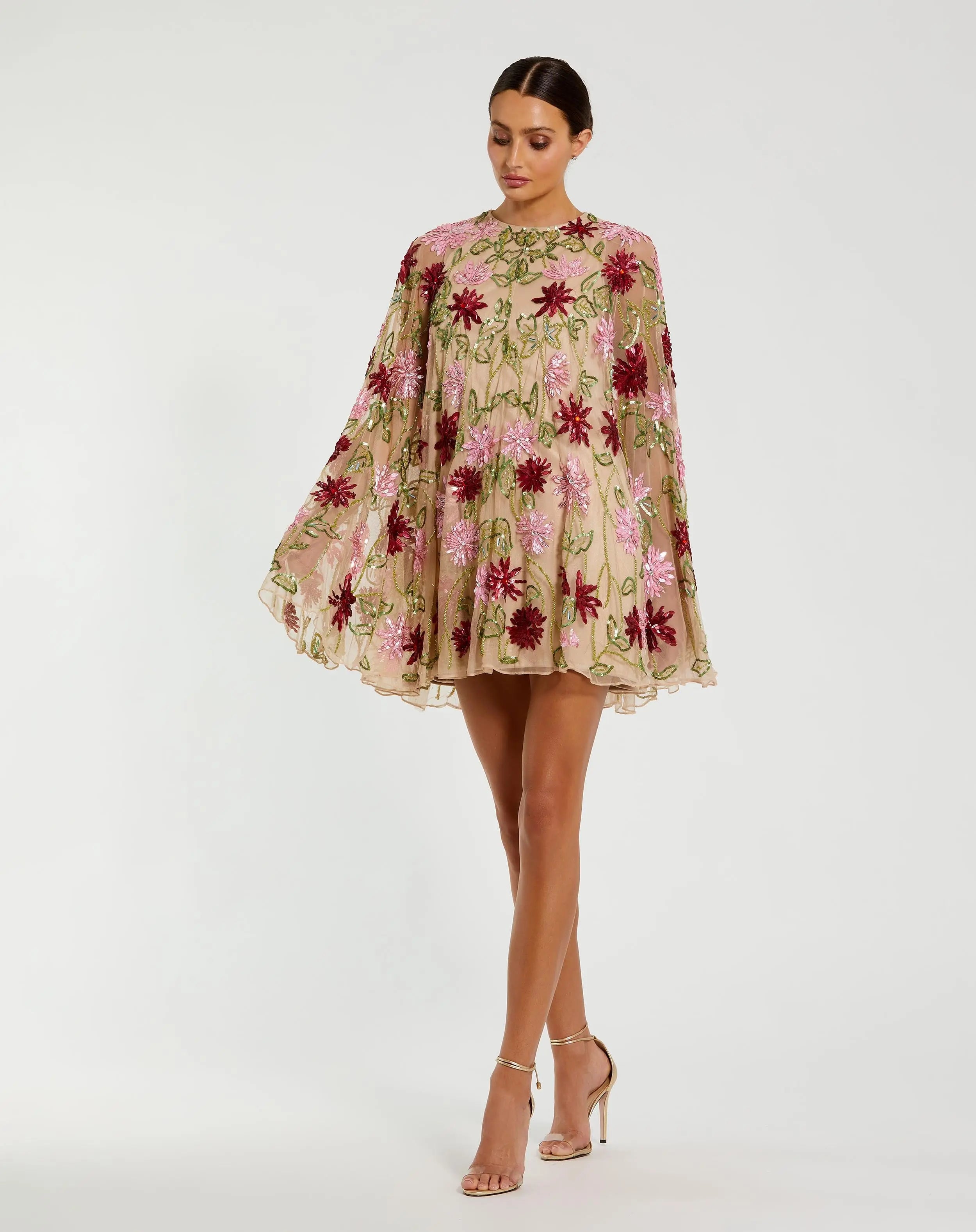 Beige Floral Embellished Shawl Mini Dress-Myartka