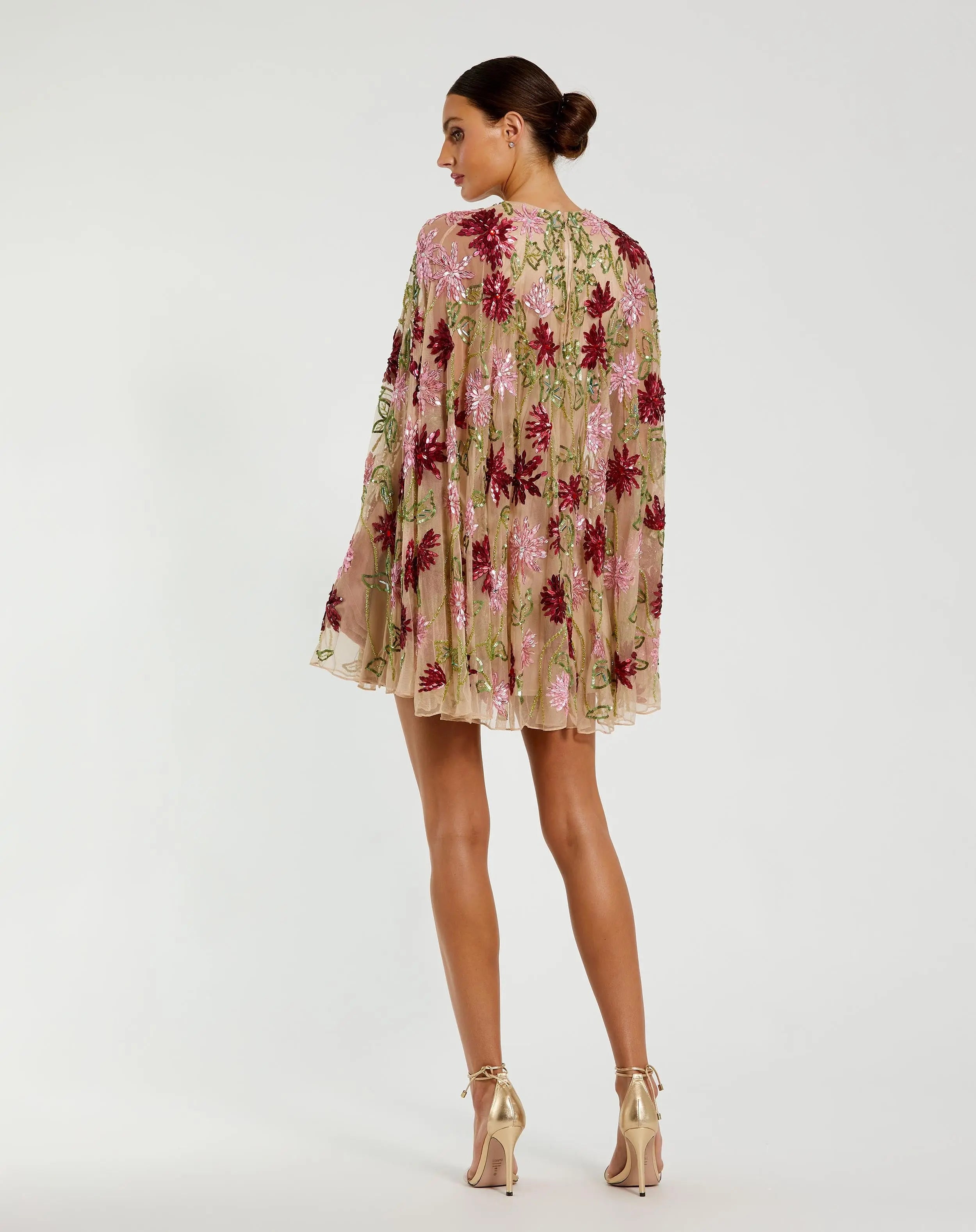 Beige Floral Embellished Shawl Mini Dress-Myartka