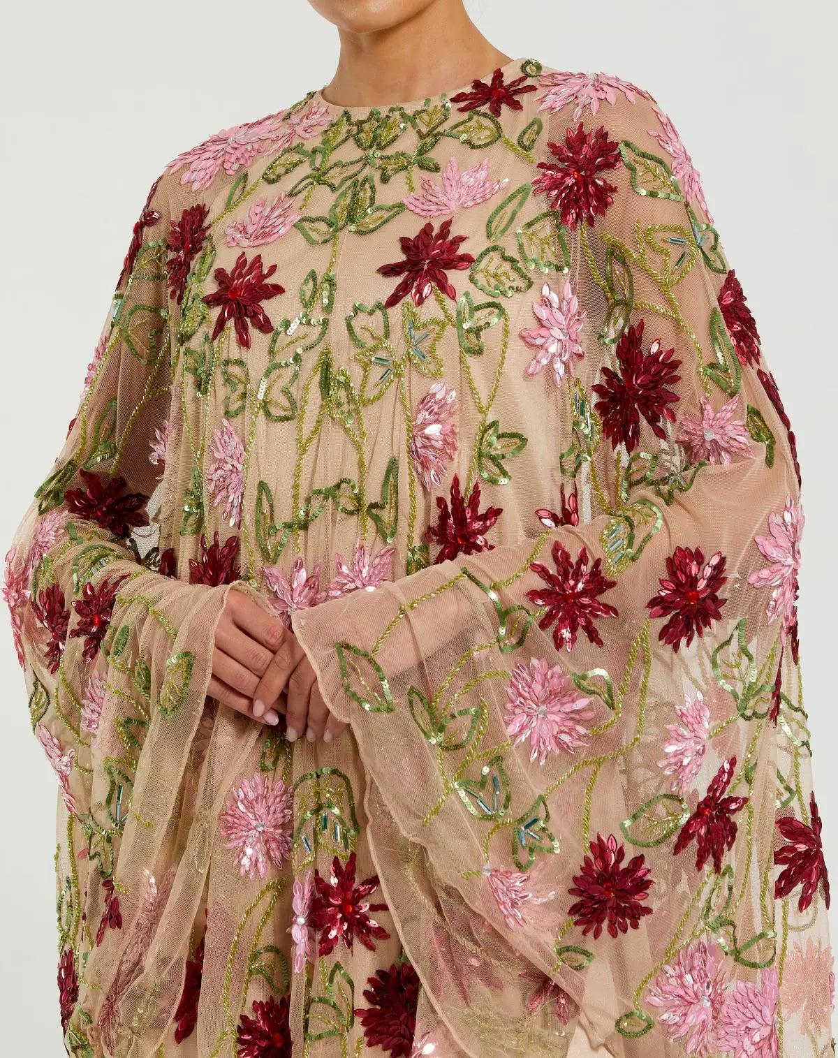 Beige Floral Embellished Shawl Mini Dress-Myartka