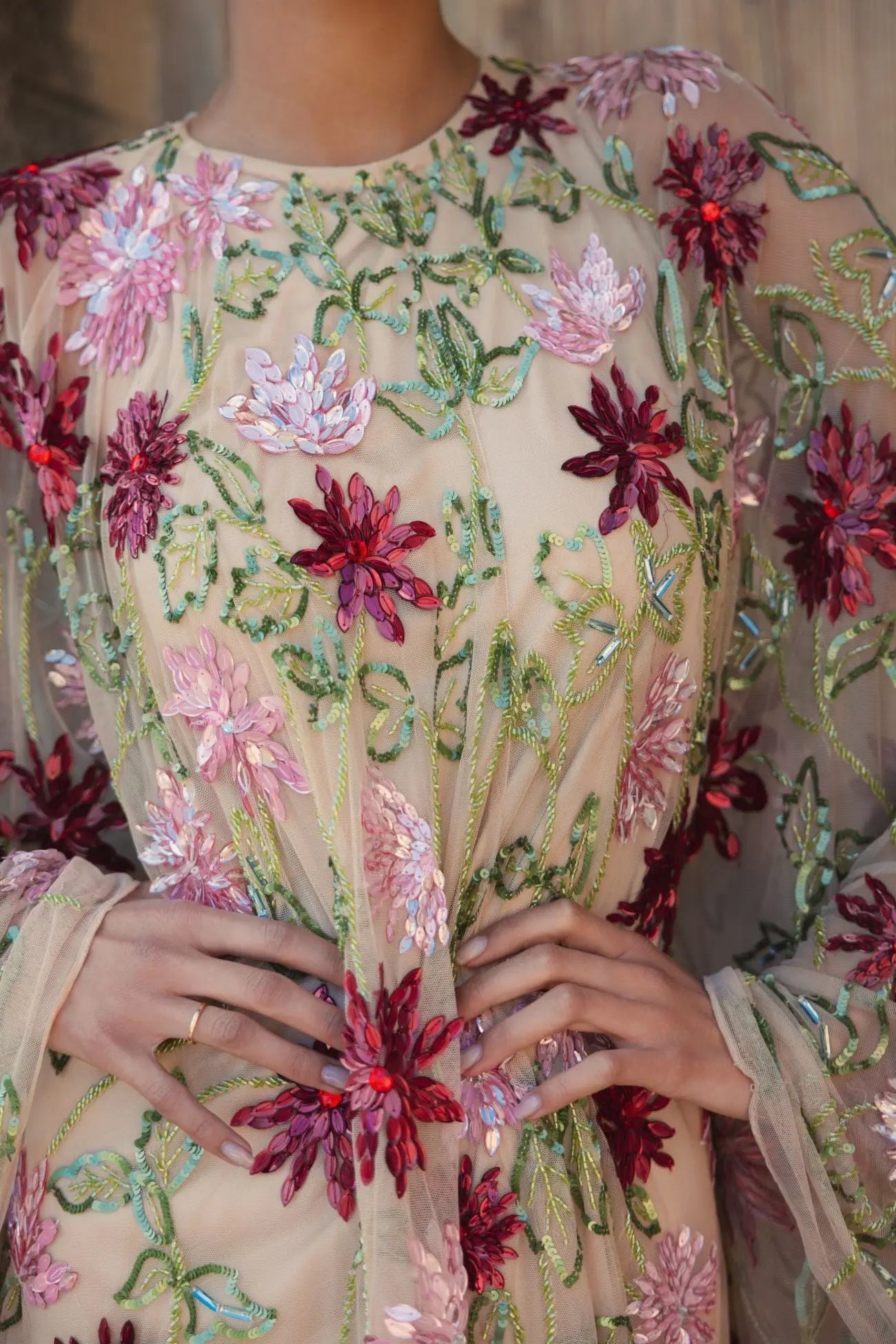 Beige Floral Embellished Shawl Mini Dress-Myartka