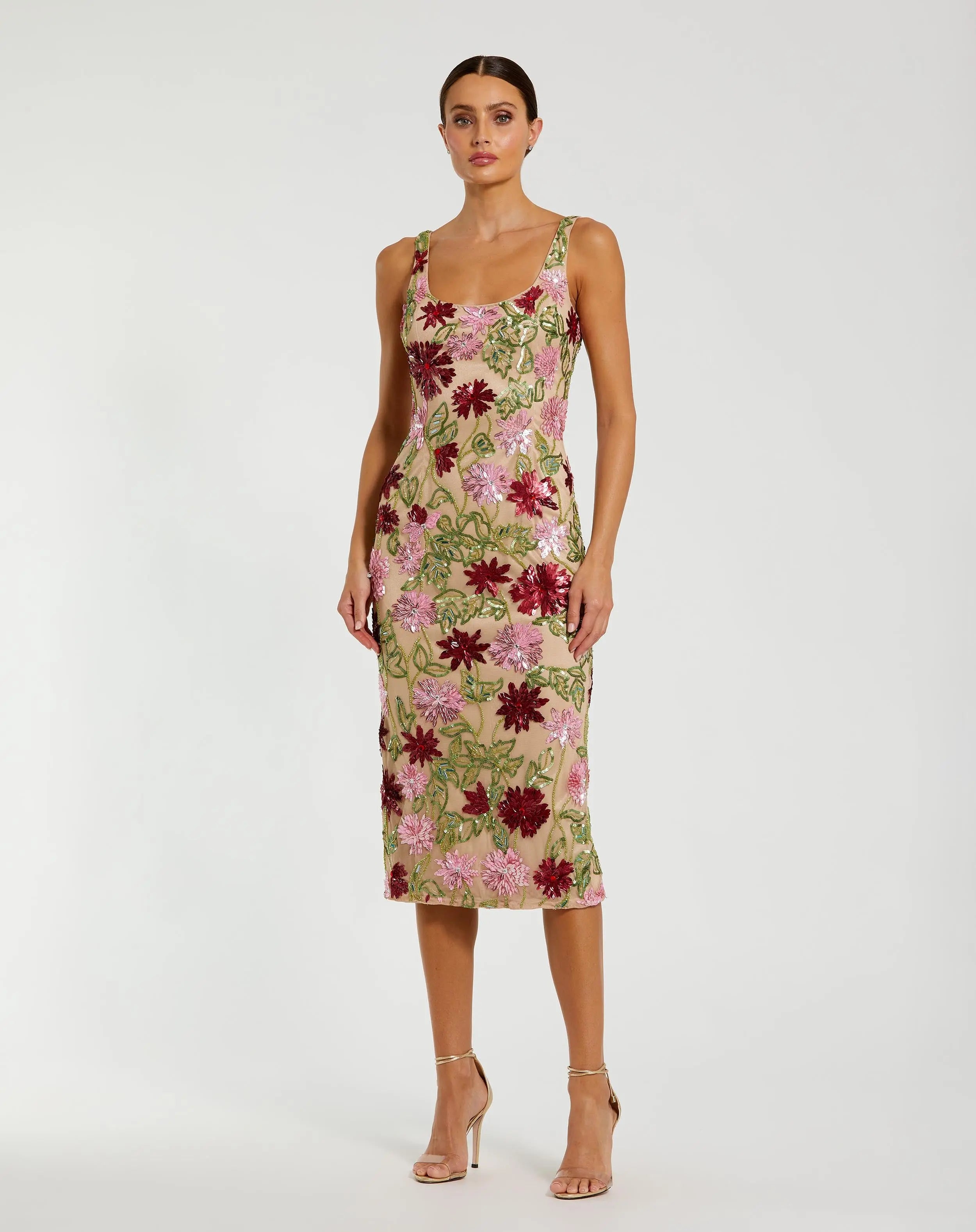 Beige Floral Beaded Scoop Neck Midi Dress-Myartka