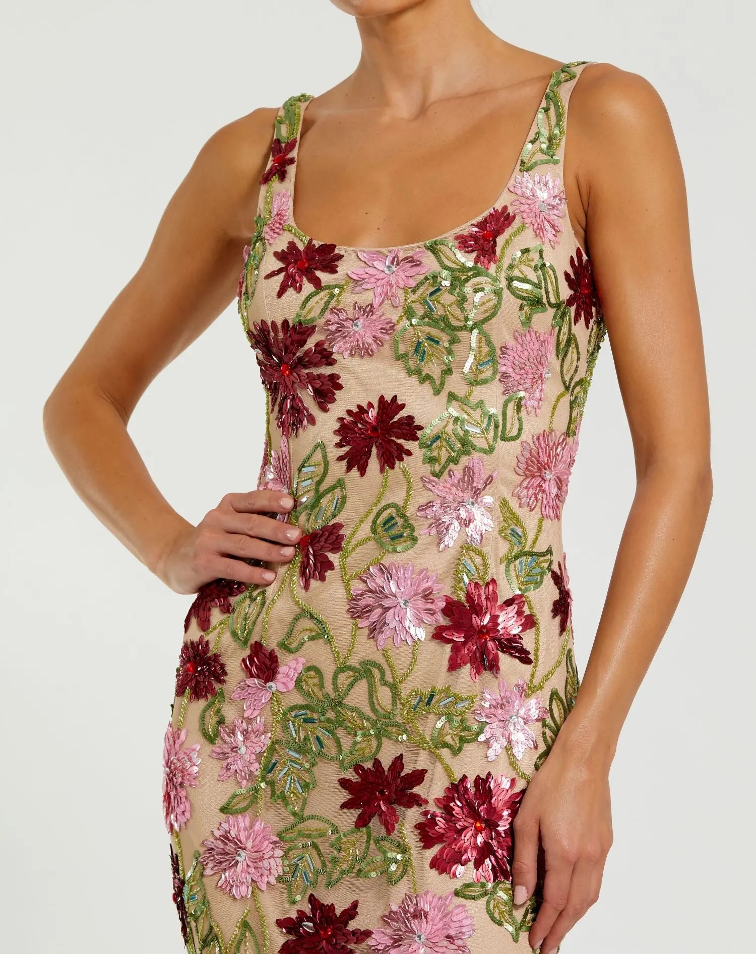 Beige Floral Beaded Scoop Neck Midi Dress-Myartka