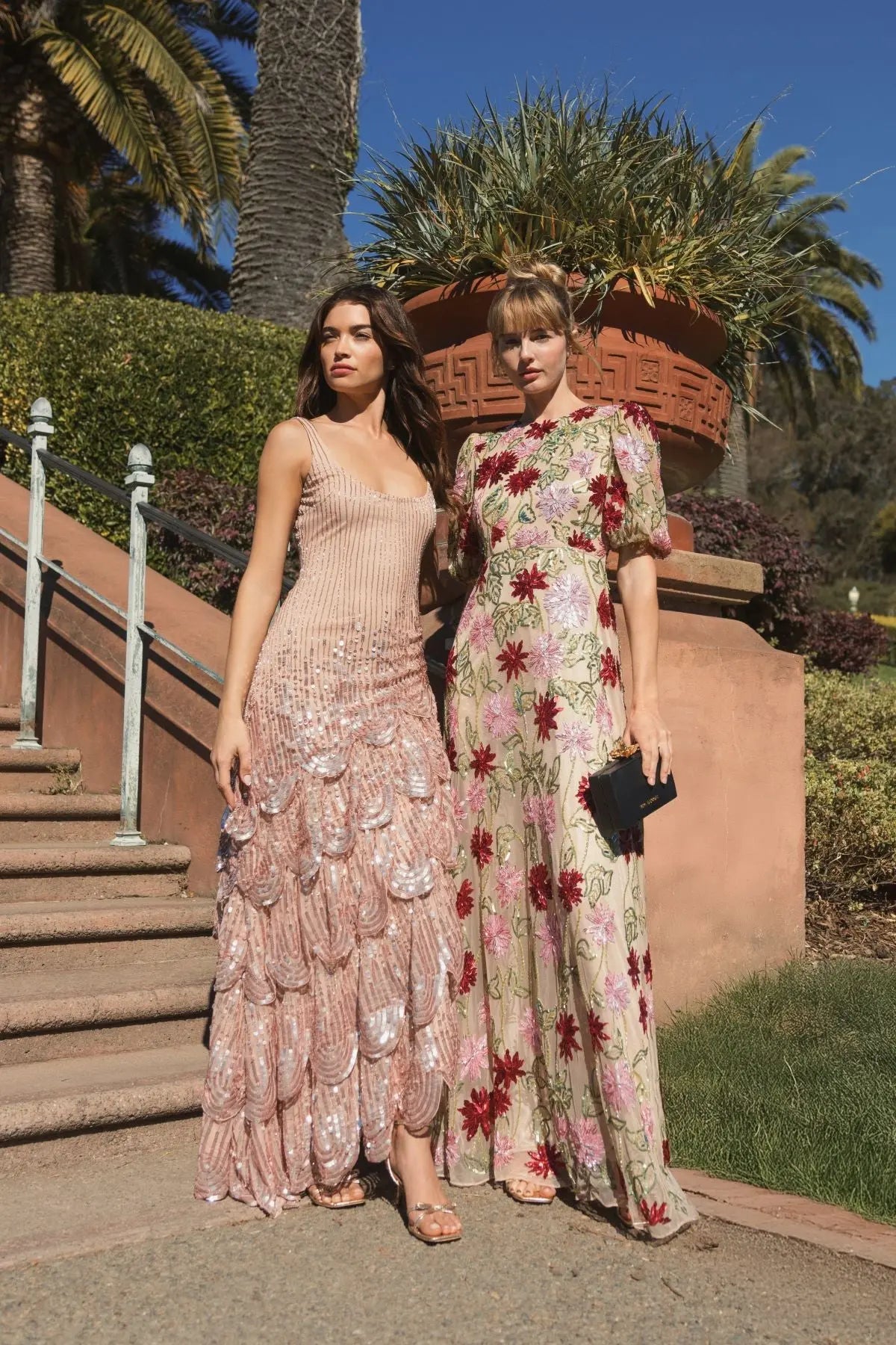 Beige Floral Beaded Mesh Puff Sleeve Gown-Myartka