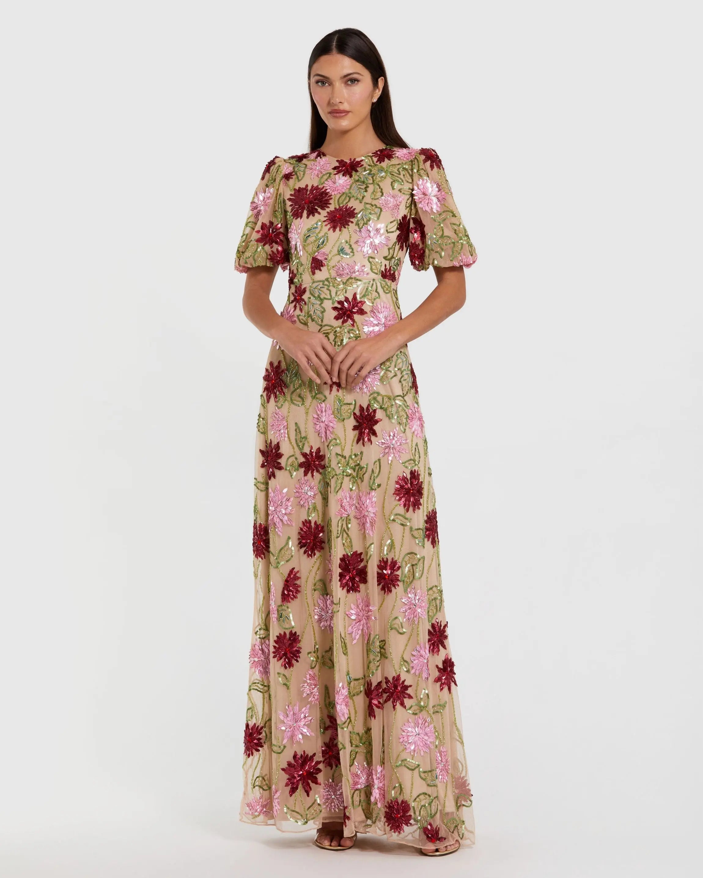 Beige Floral Beaded Mesh Puff Sleeve Gown-Myartka