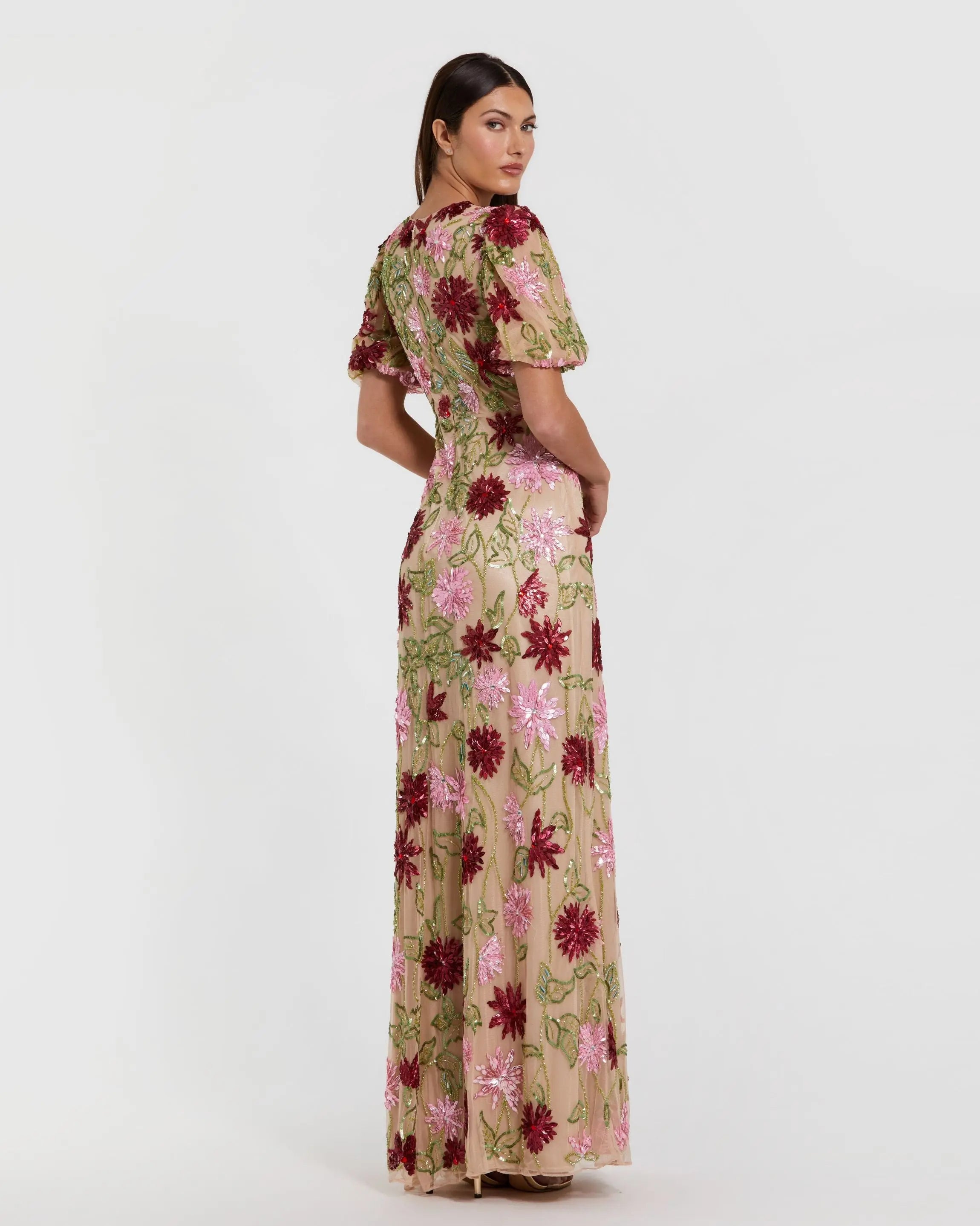 Beige Floral Beaded Mesh Puff Sleeve Gown-Myartka