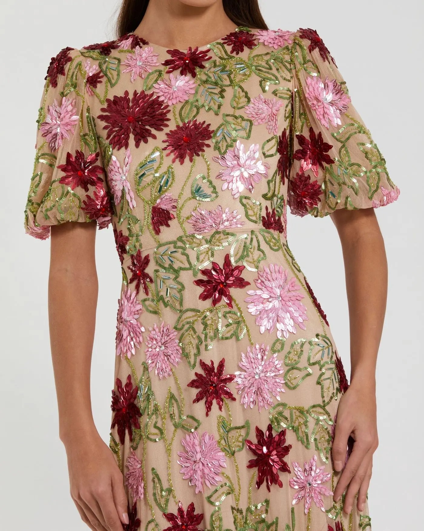 Beige Floral Beaded Mesh Puff Sleeve Gown-Myartka
