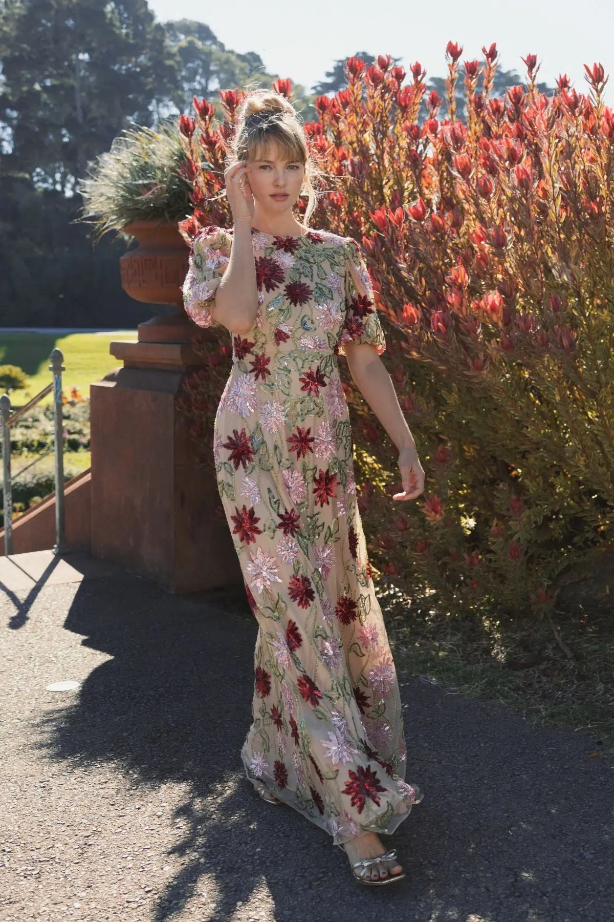 Beige Floral Beaded Mesh Puff Sleeve Gown-Myartka