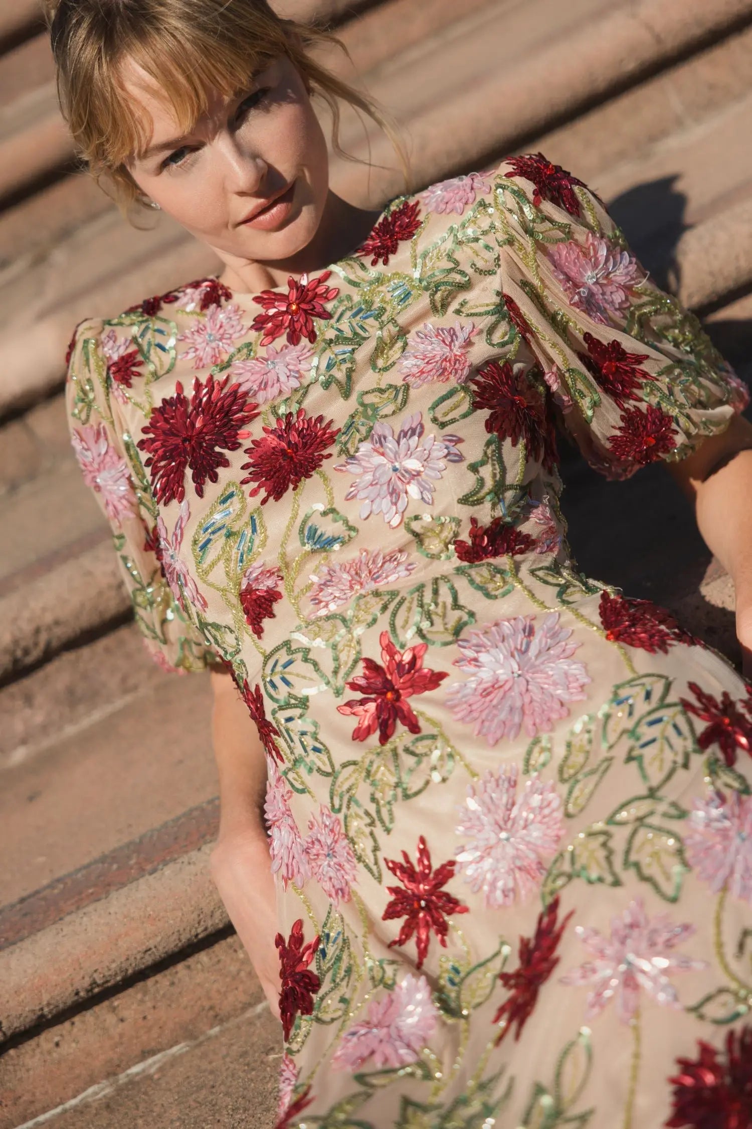 Beige Floral Beaded Mesh Puff Sleeve Gown-Myartka