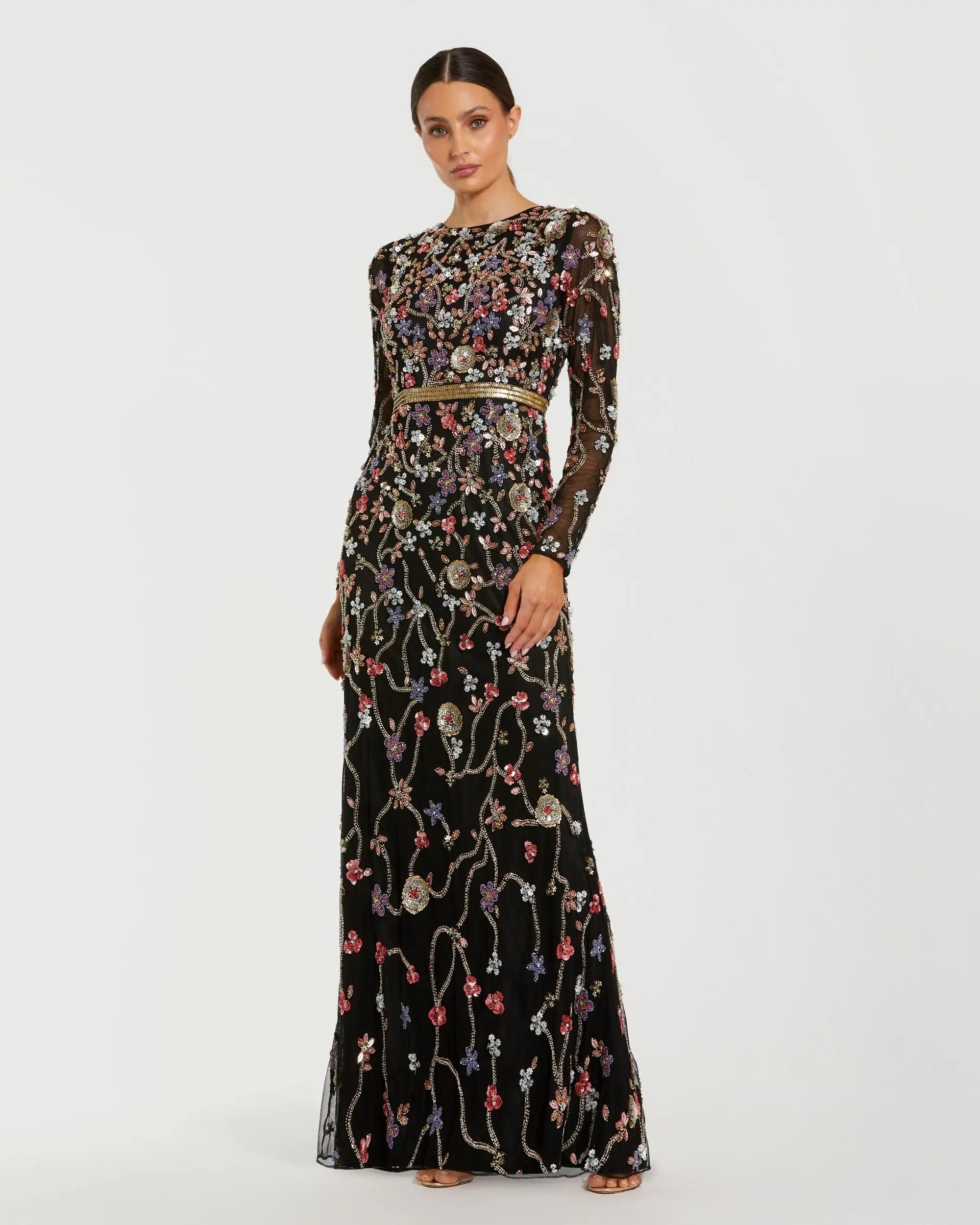 Black Embellished Mesh Long Sleeve Gown-Myartka
